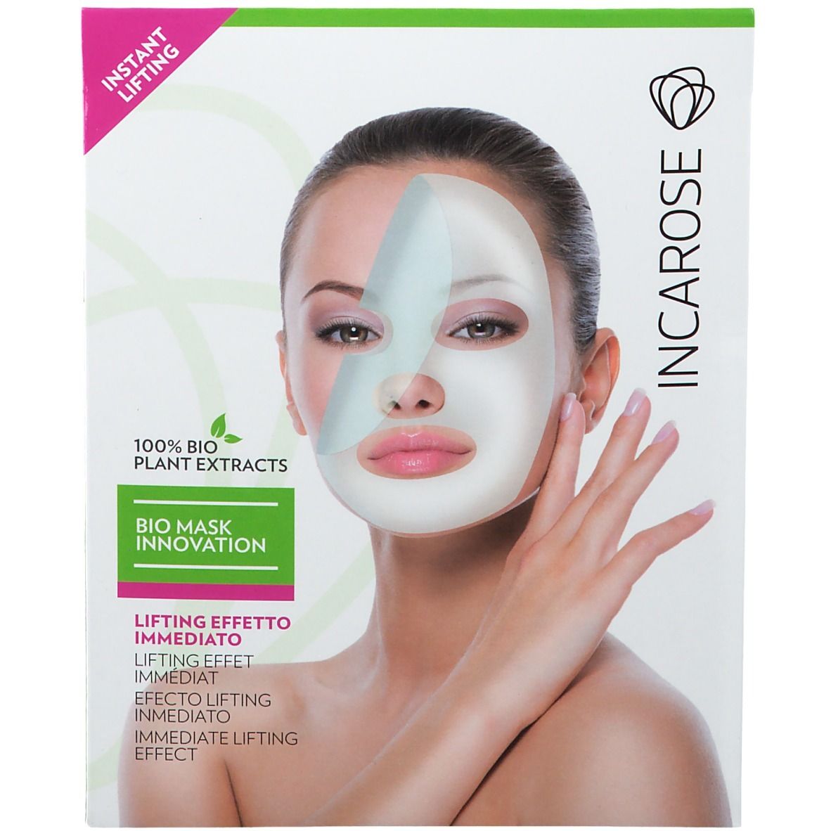 Gezichtsmasker op een vrouw. Opschrift: Incarose, Bio Mask Innovation, Instant Lifting, 100% bio plantenextracten.