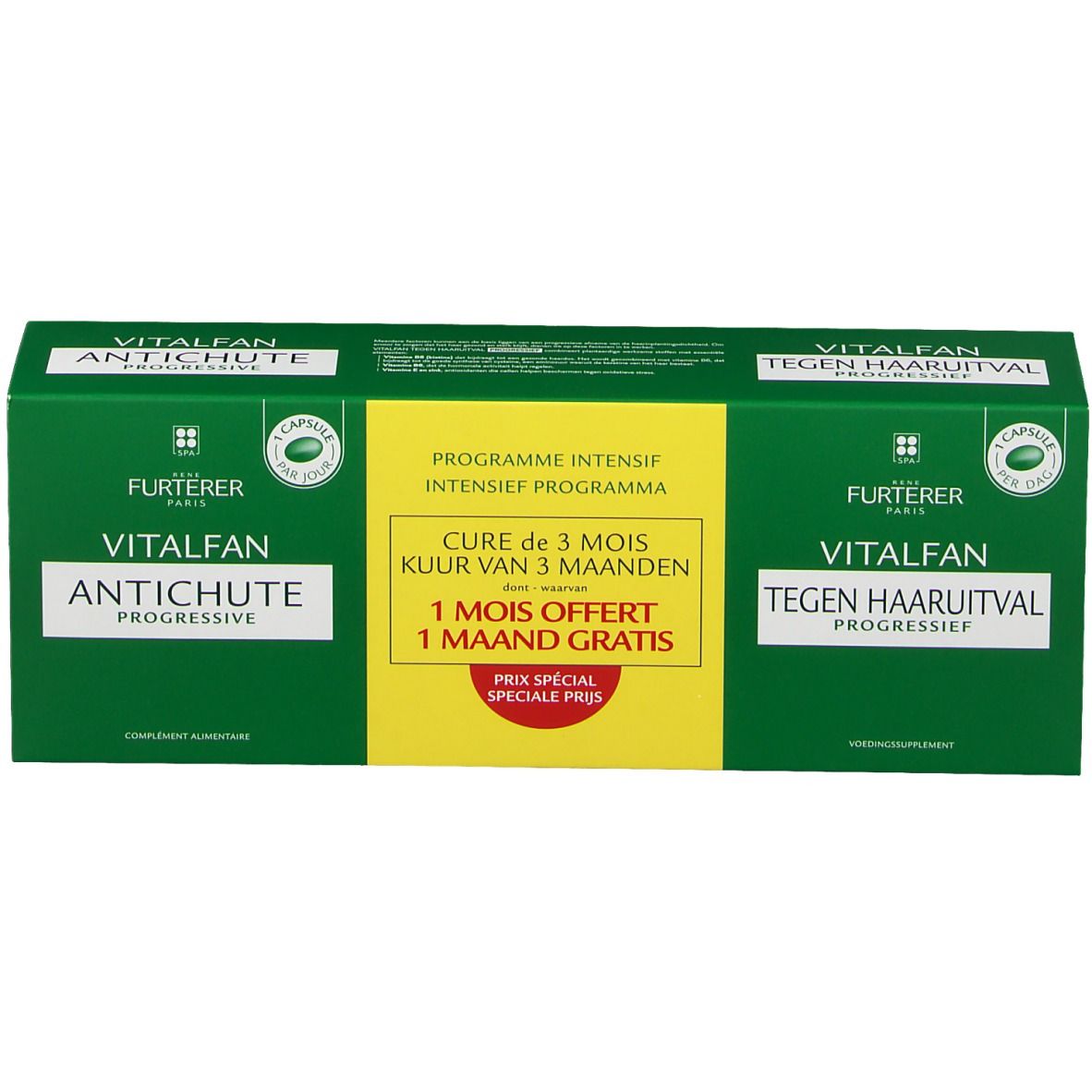 Boîte verte avec nom et texte du produit. Contient des gélules. Texte en allemand, français et néerlandais.