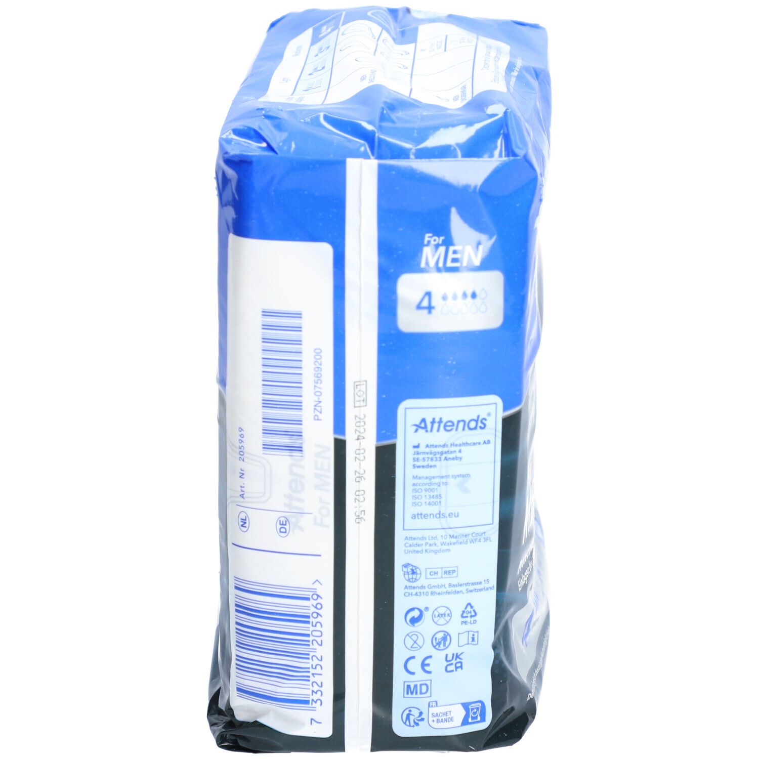 Dos du paquet Attends Men Gr. 4. Code-barres et informations produit sur fond bleu.