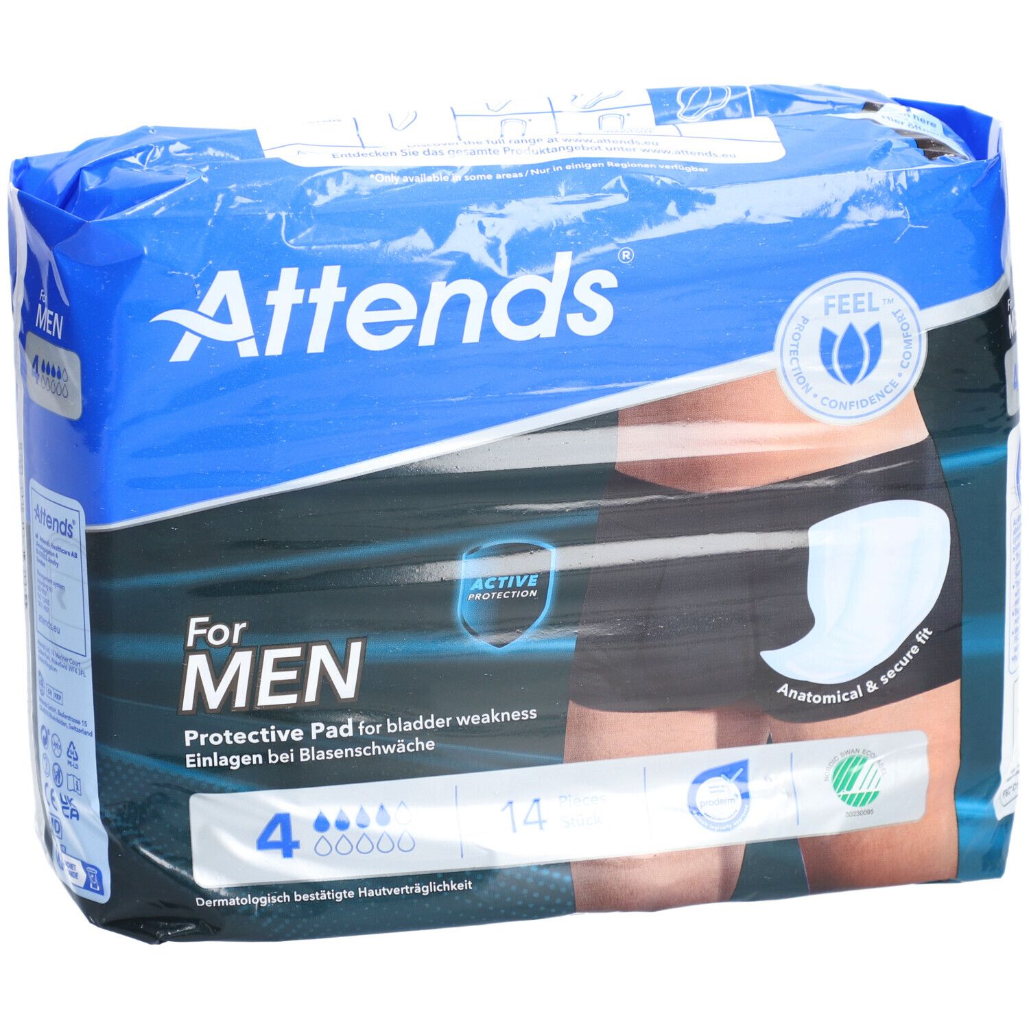 Paquet de protections Attends Men Gr. 4. Emballage bleu avec image du produit. "For MEN" et "4" visibles.
