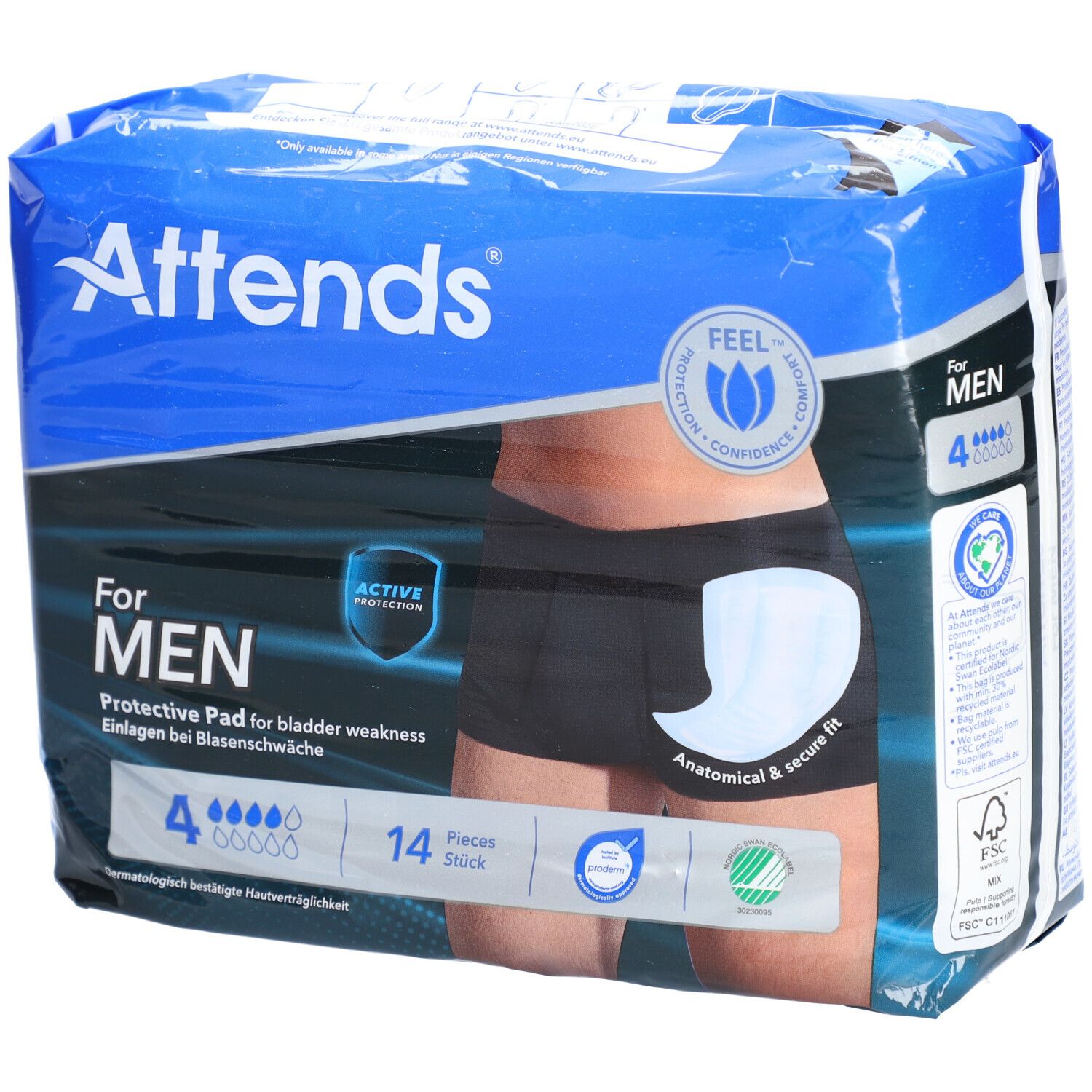 Paquet de protections Attends Men Gr. 4. Emballage bleu avec image du produit. "For MEN" et "4" visibles.