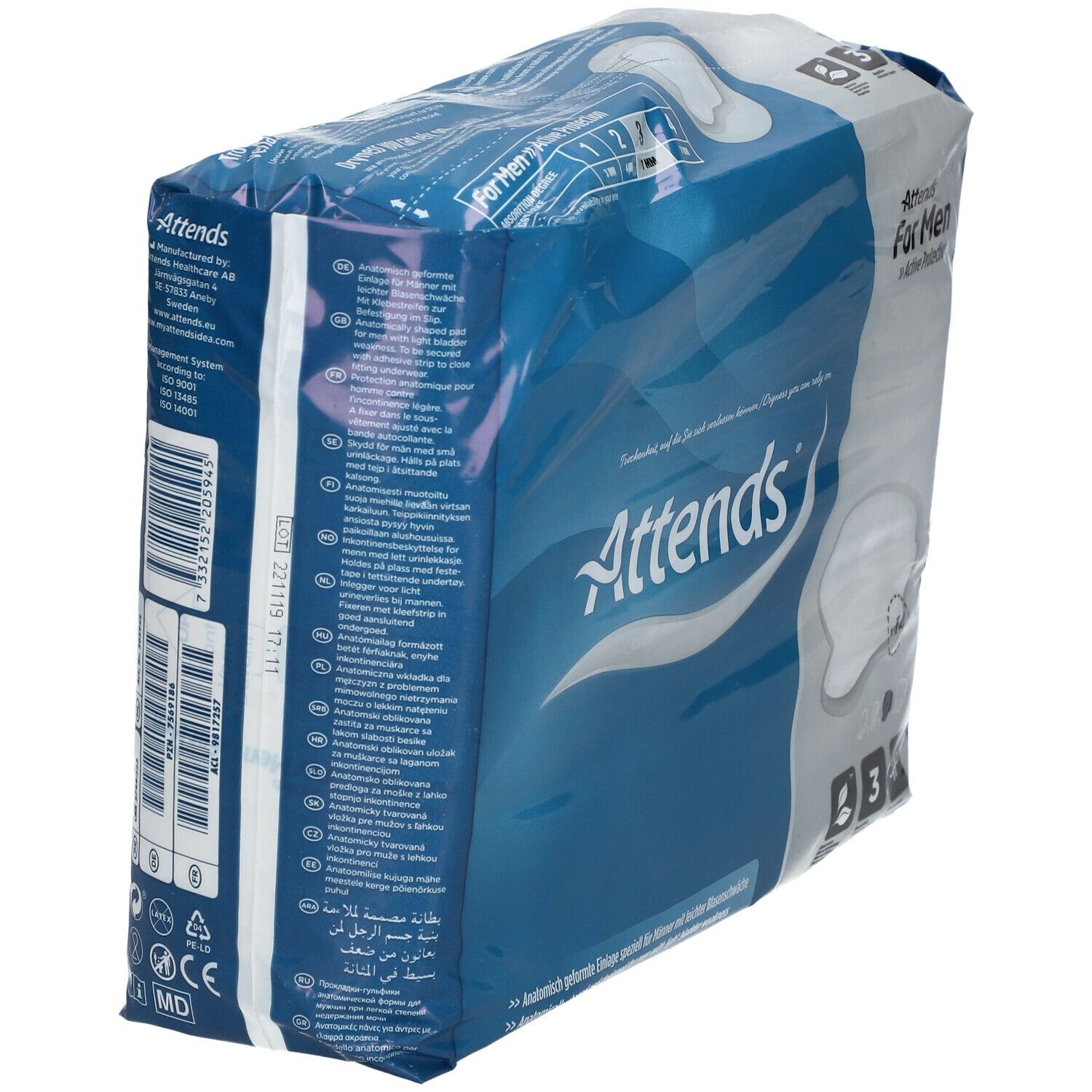 Verpakking van Attends For Men, schuin van opzij. Blauwe verpakking met productafbeelding en tekst.