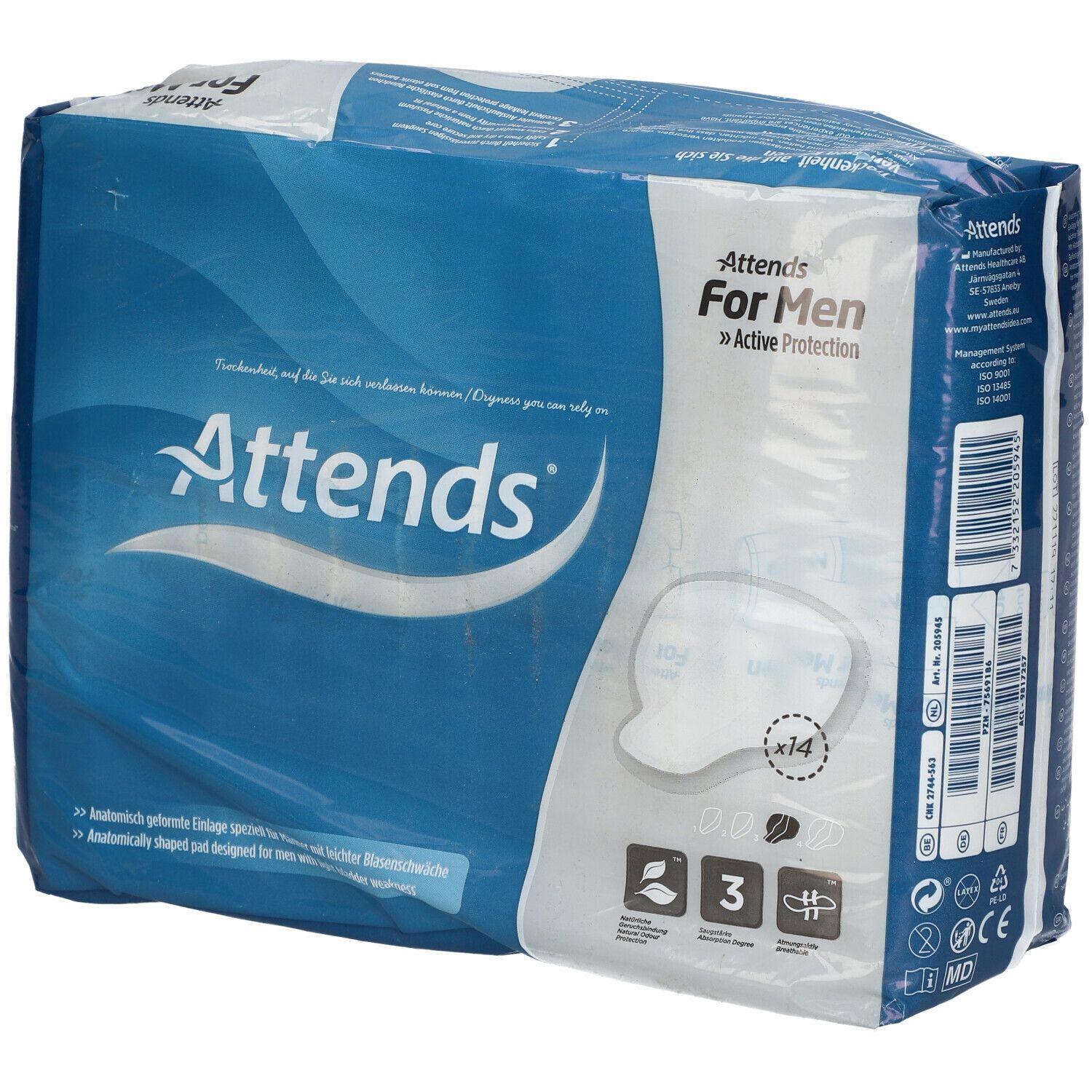 Verpakking van Attends For Men. Blauwe verpakking met productafbeelding en tekst. Bevat 14 inlegzolen.