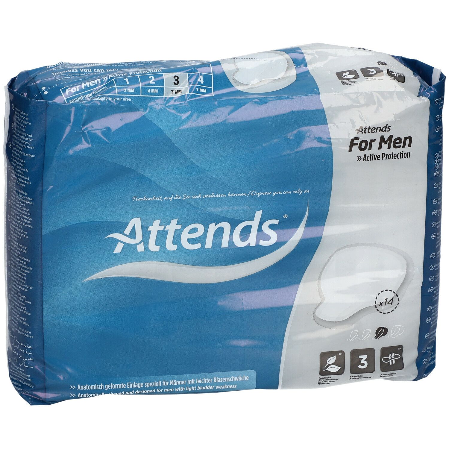 Verpakking van Attends For Men. Blauwe verpakking met productafbeelding en tekst. Bevat 14 inlegzolen.