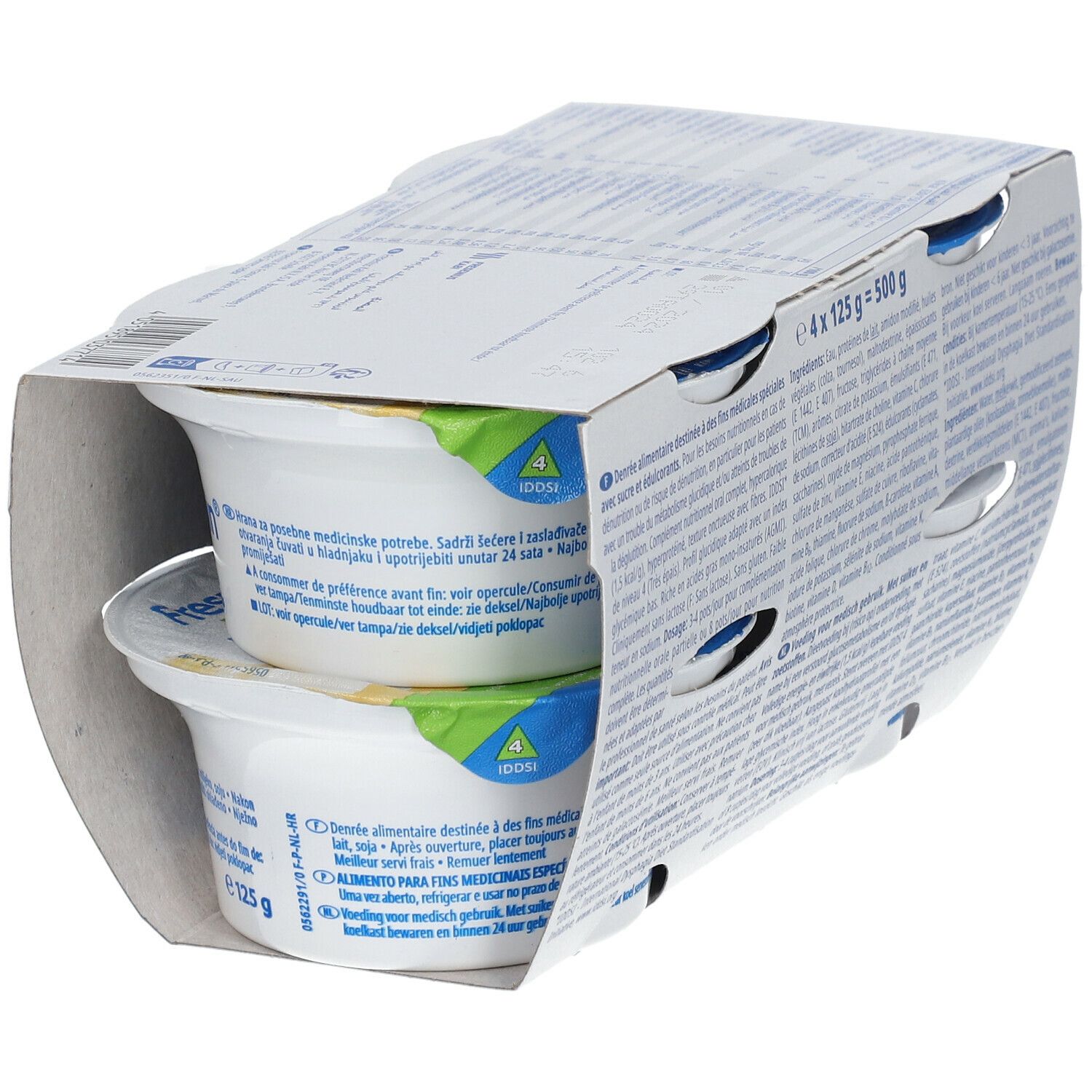 Fresubin DB Crème Vanille, 2 bekers in open verpakking. Productnaam en tekst zichtbaar. 4 bekers.