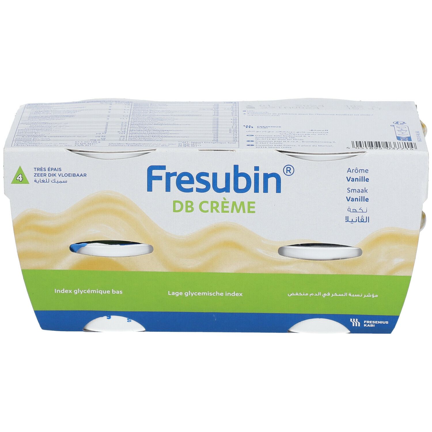 Verpakking Fresubin DB Crème Vanille, 4 bekers. Productnaam, aroma's en index zichtbaar. Kartonnen verpakking.
