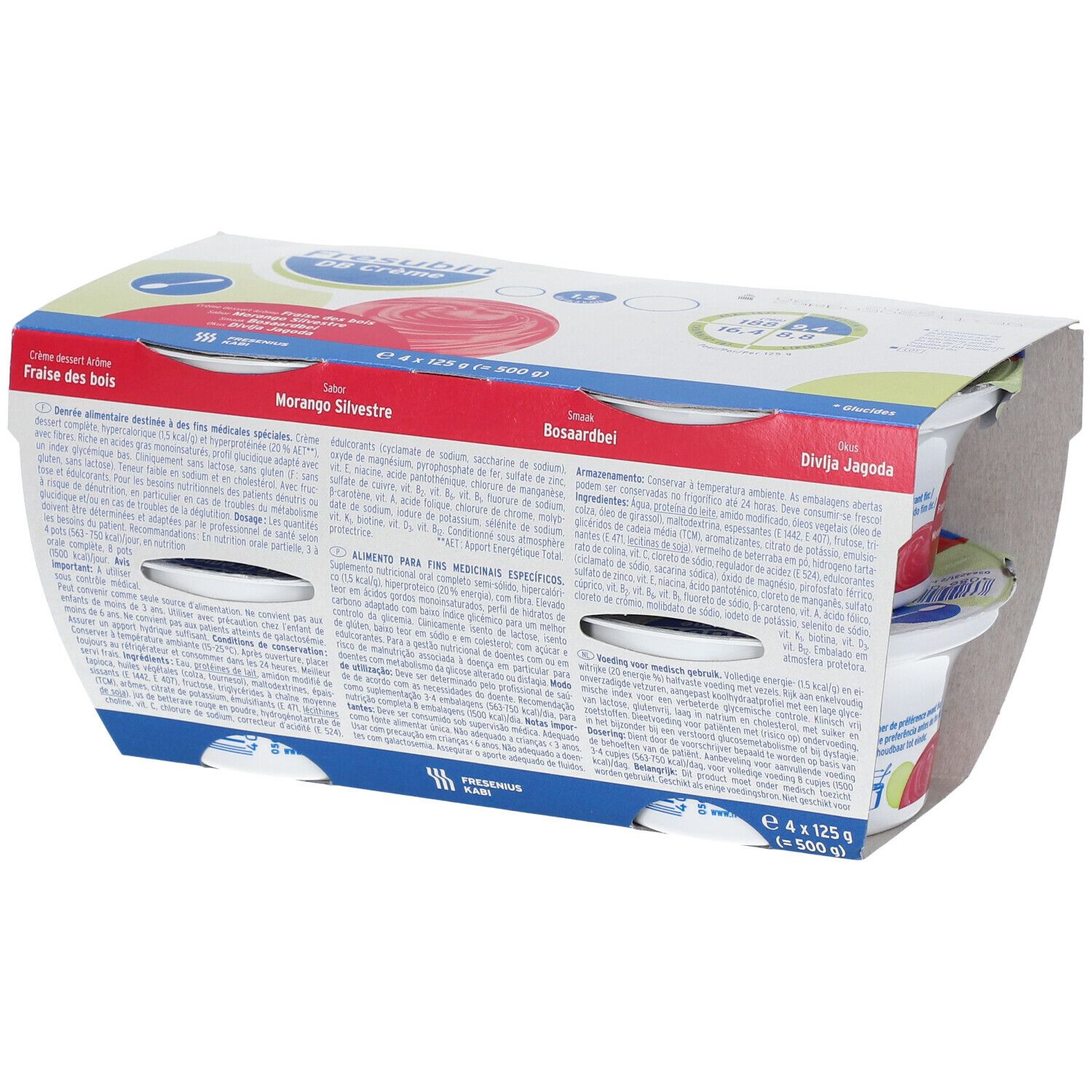 Emballage de quatre pots Fresubin DB Crème. Inscriptions : Fraise des bois, Morango Silvestre, Bosaardbei, Divlja Jagoda.