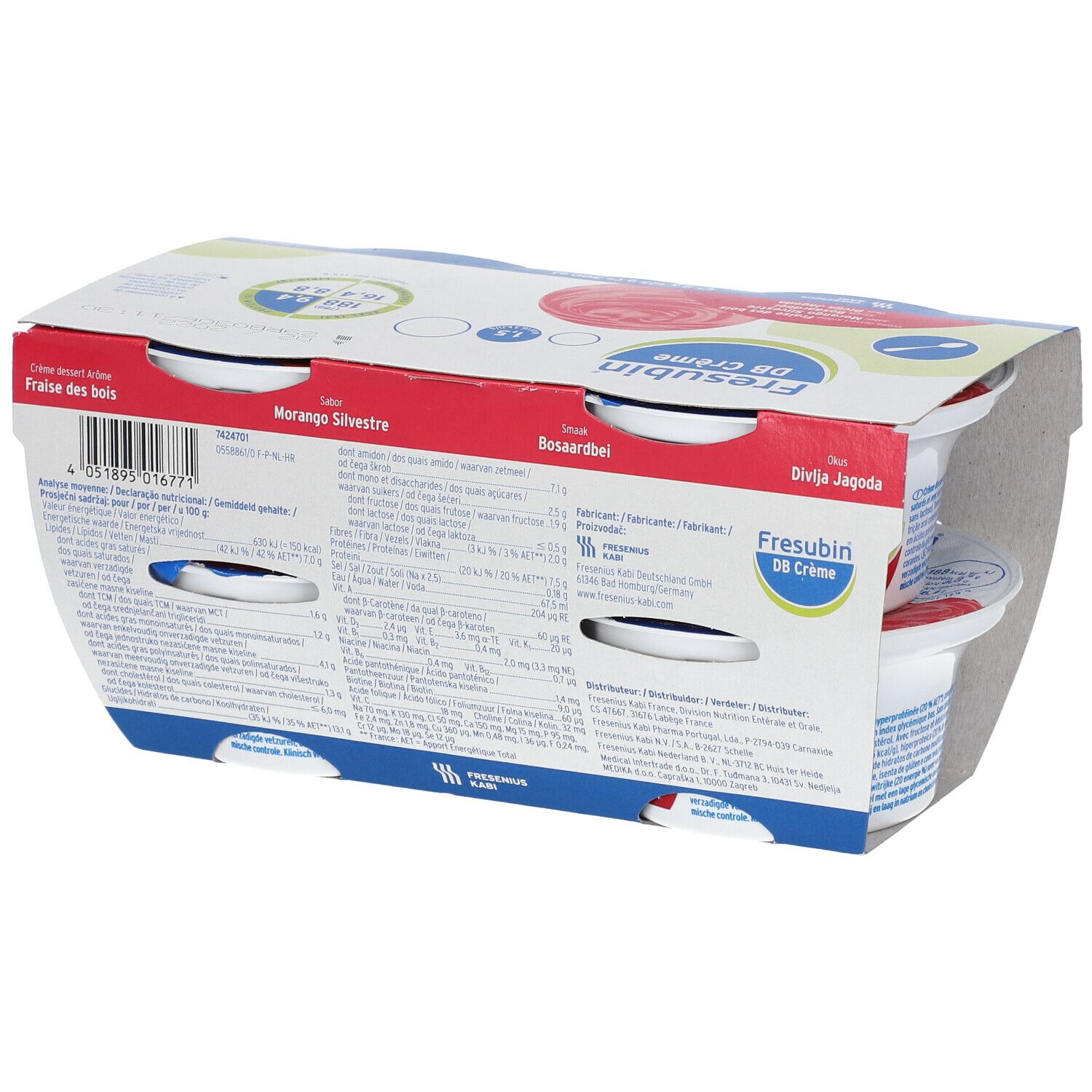 Emballage de quatre pots Fresubin DB Crème. Inscriptions : Fraise des bois, Morango Silvestre, Bosaardbei, Divlja Jagoda. Informations nutritionnelles.