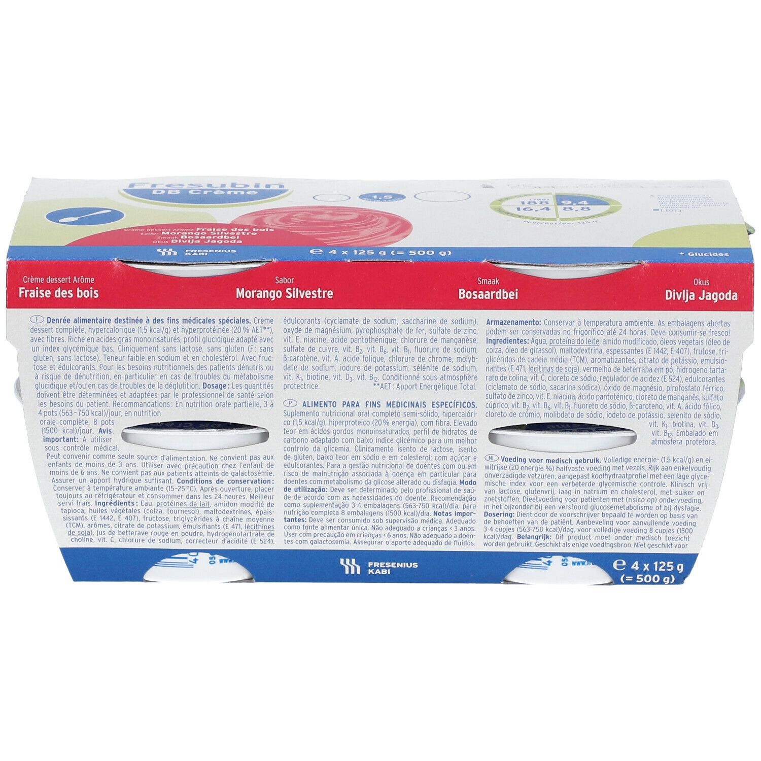 Emballage de quatre pots Fresubin DB Crème. Inscriptions : Fraise des bois, Morango Silvestre, Bosaardbei, Divlja Jagoda. Informations nutritionnelles.