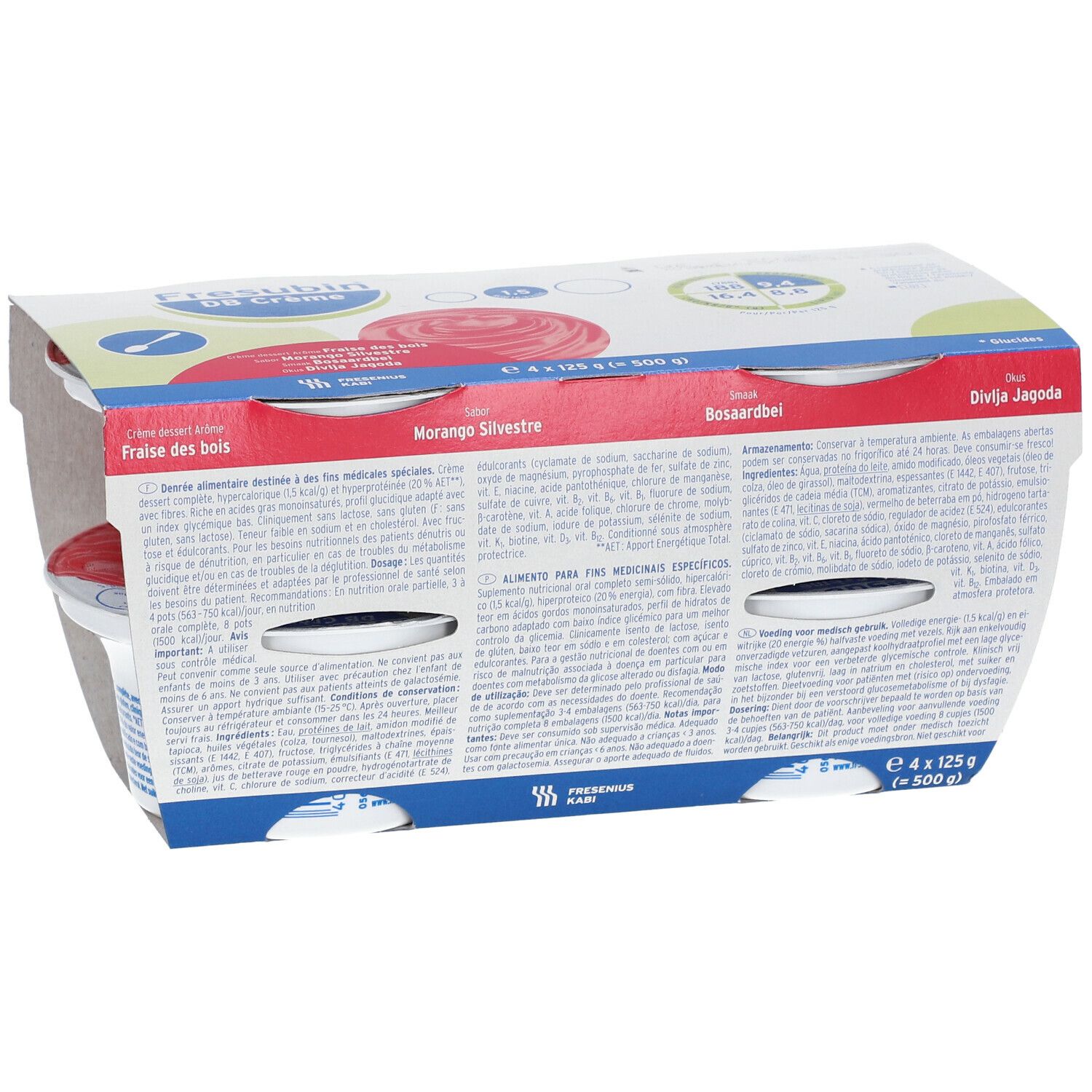 Emballage de quatre pots Fresubin DB Crème. Inscriptions : Fraise des bois, Morango Silvestre, Bosaardbei, Divlja Jagoda. Informations nutritionnelles.