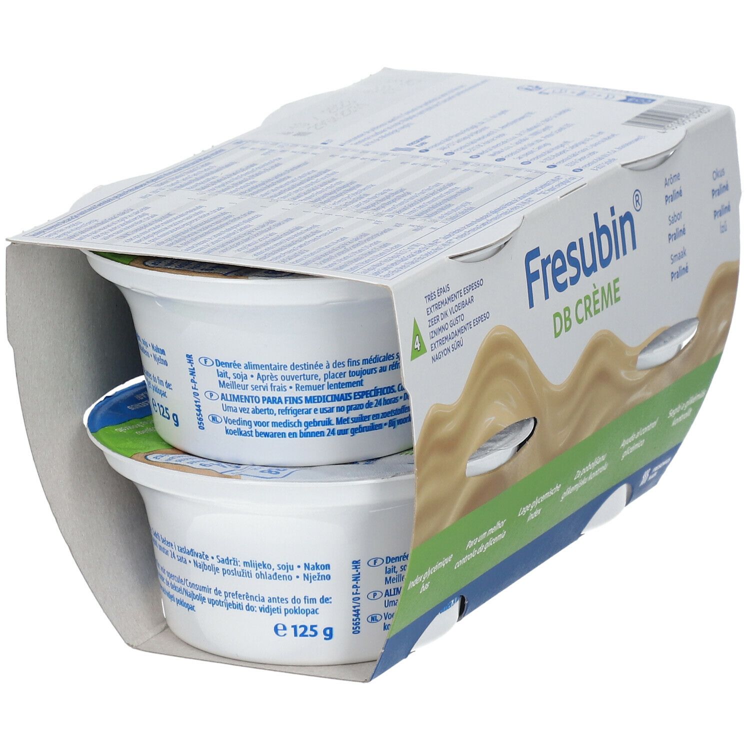 Verpakking met twee Fresubin DB Crème bekers. Bekers met deksels, in kartonnen verpakking. Opschrift: DB CRÈME, 125g.