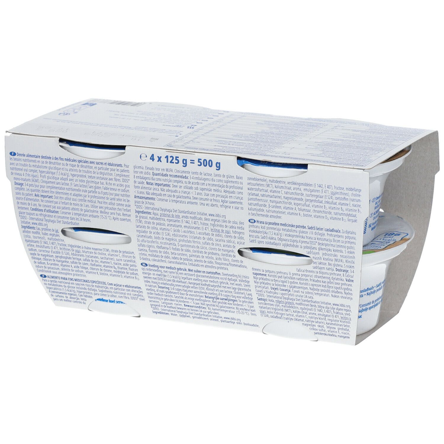 Achterkant van de verpakking met vier Fresubin DB Crème bekers. Meertalige tekst. Totaal gewicht: 500 g.