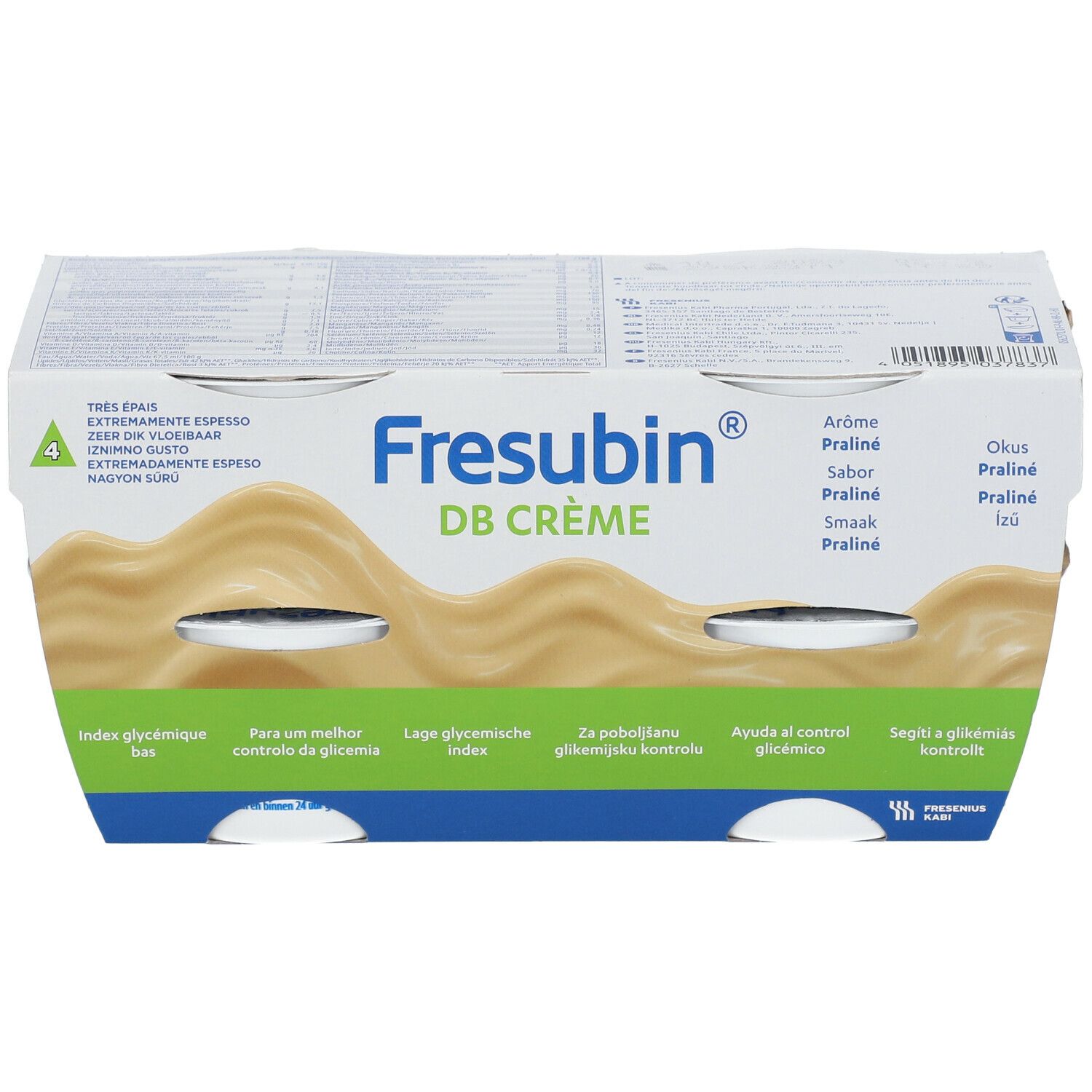 Verpakking met vier Fresubin DB Crème Praliné bekers. Opschriften: DB CRÈME, Praliné, lage glycemische index.