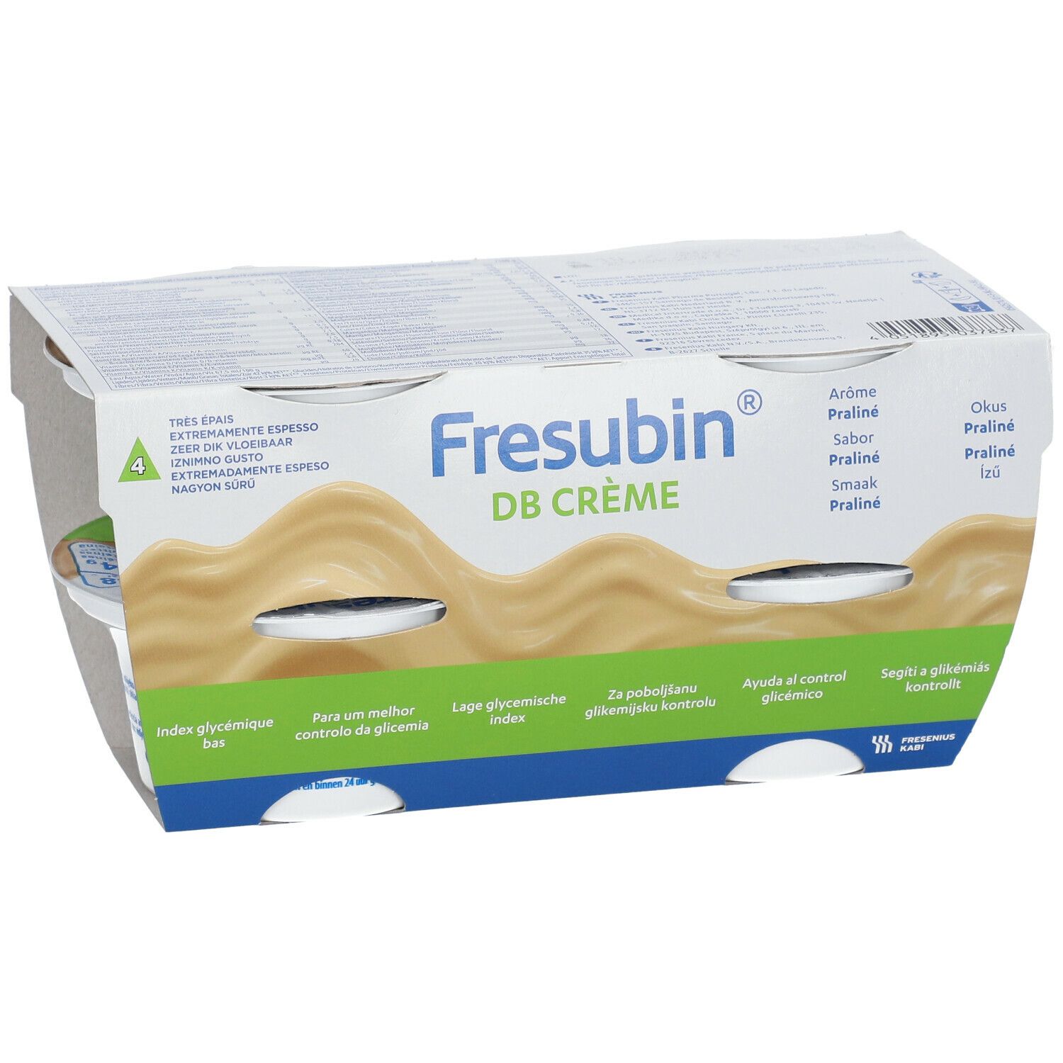 Verpakking met vier Fresubin DB Crème Praliné bekers. Opschriften: DB CRÈME, Praliné, lage glycemische index.