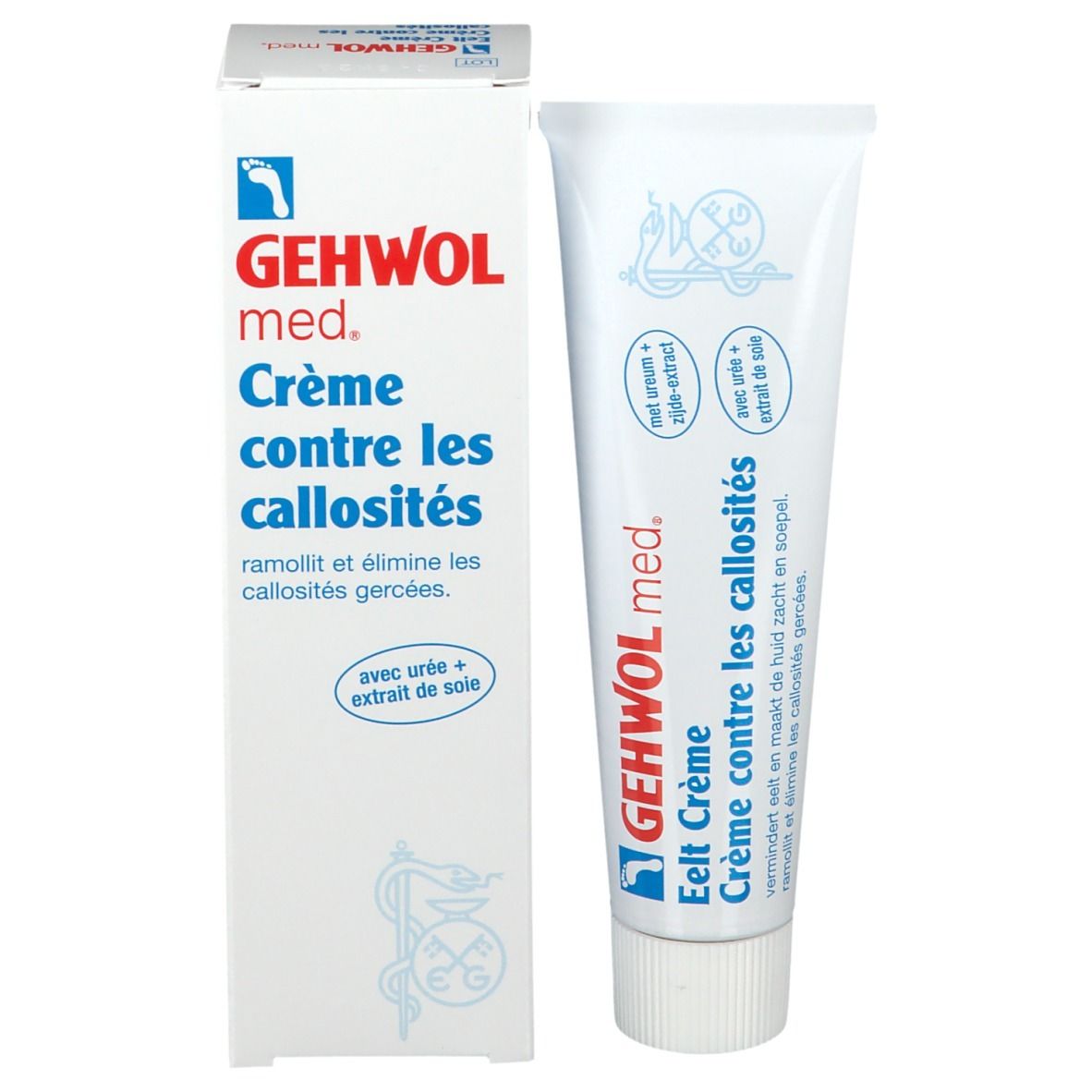 Productverpakking met crèmetube. Witte doos en tube. Gehwol med. Crème contre les callosités.