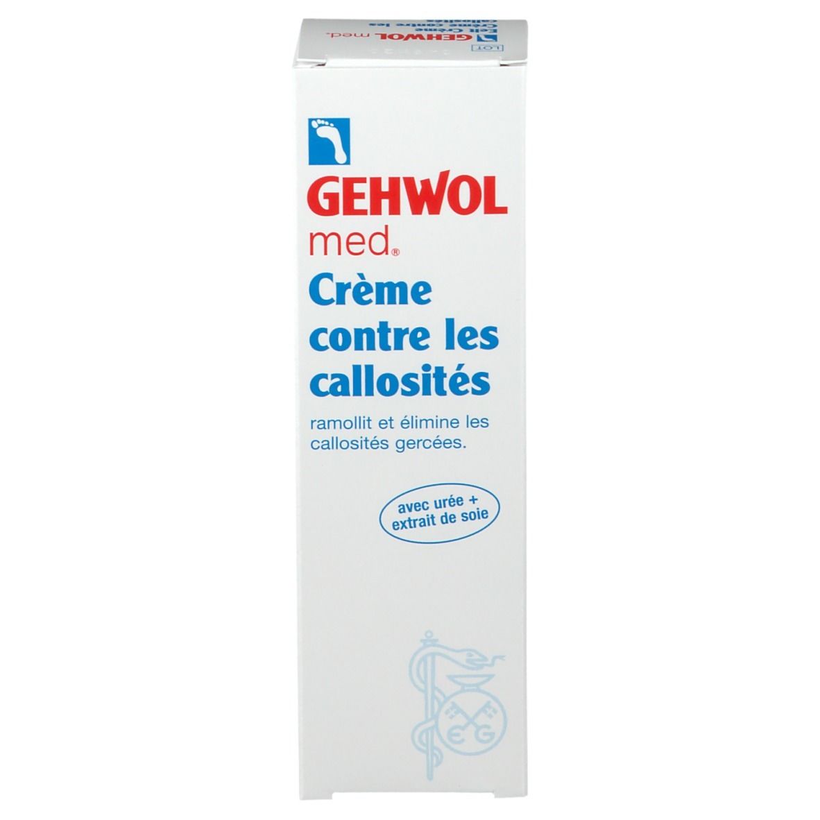 Witte productverpakking. Gehwol med. Crème contre les callosités. Bevat tekst en logo.