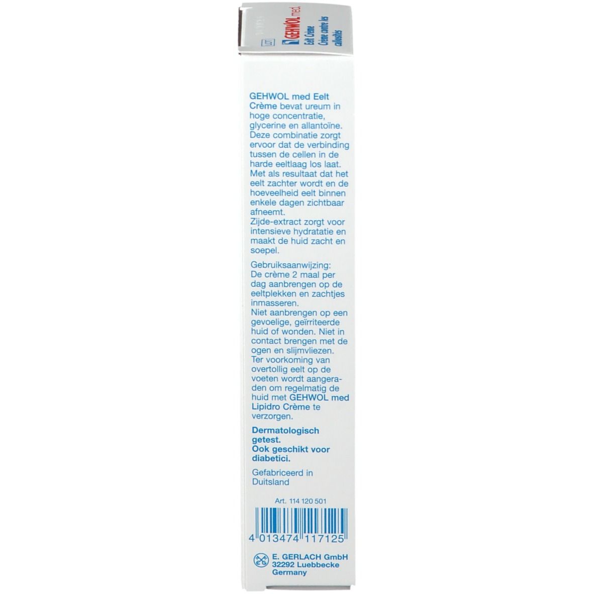 Achterkant van de productverpakking. Bevat tekst in meerdere talen. Wit met blauwe tekst.