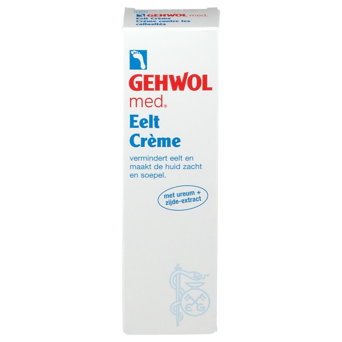 Productverpakking. Gehwol med. Eelt Crème. Bevat tekst en logo. Witte doos.