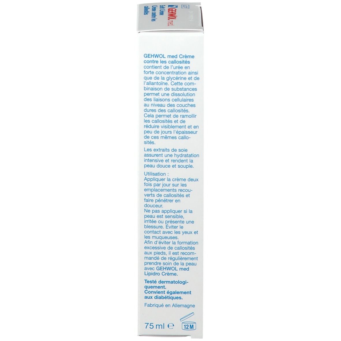 Zijkant van de productverpakking. Bevat tekst in meerdere talen. Witte doos met blauwe tekst.