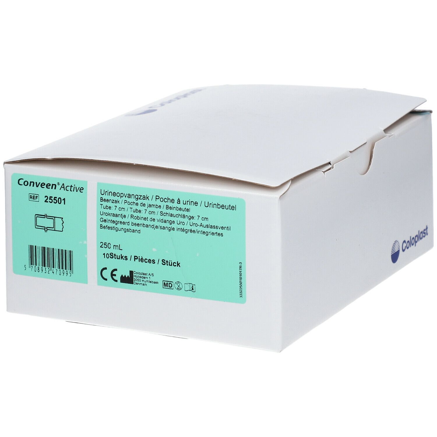 Boîte blanche avec informations produit. Contient 'Conveen Active' et '25501'.
