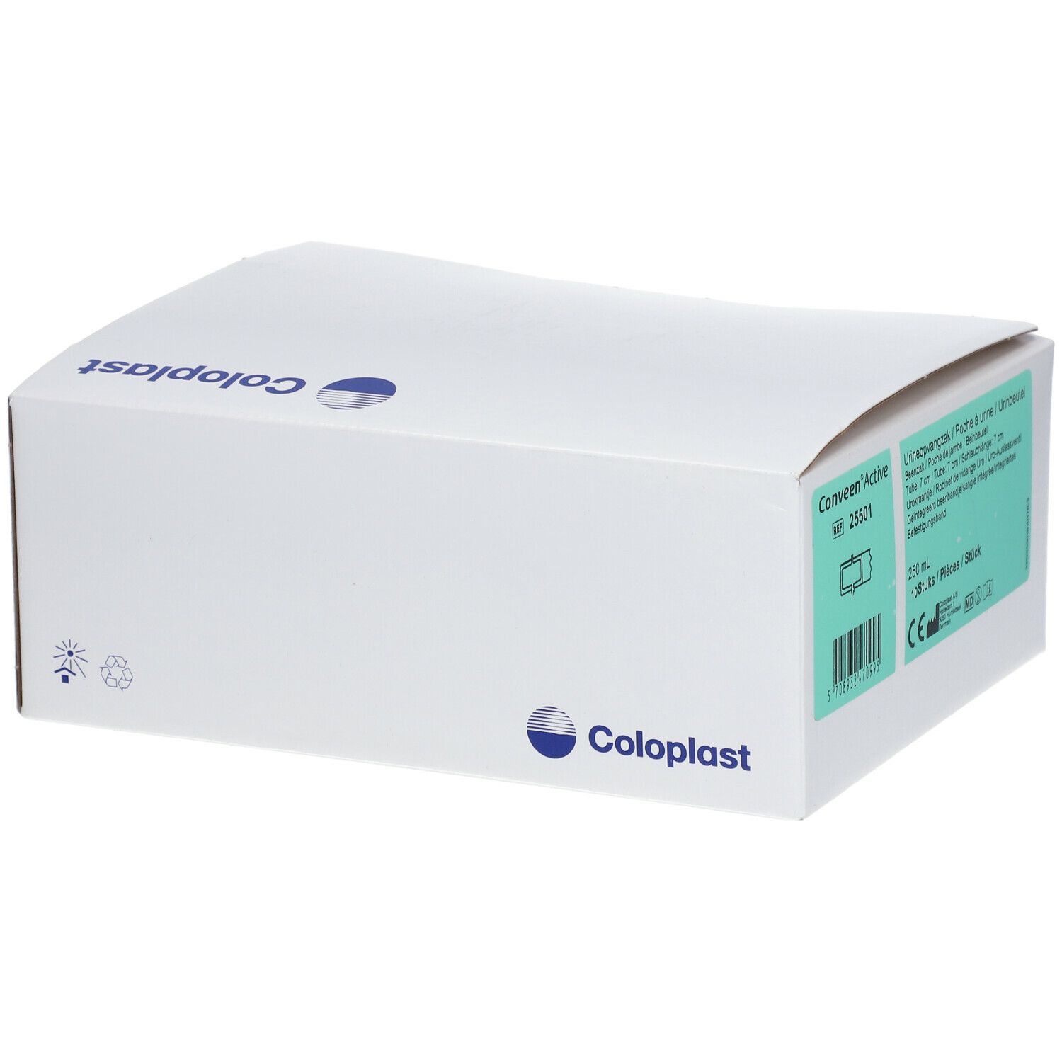 Boîte blanche avec informations produit. Logo Coloplast et détails verts.