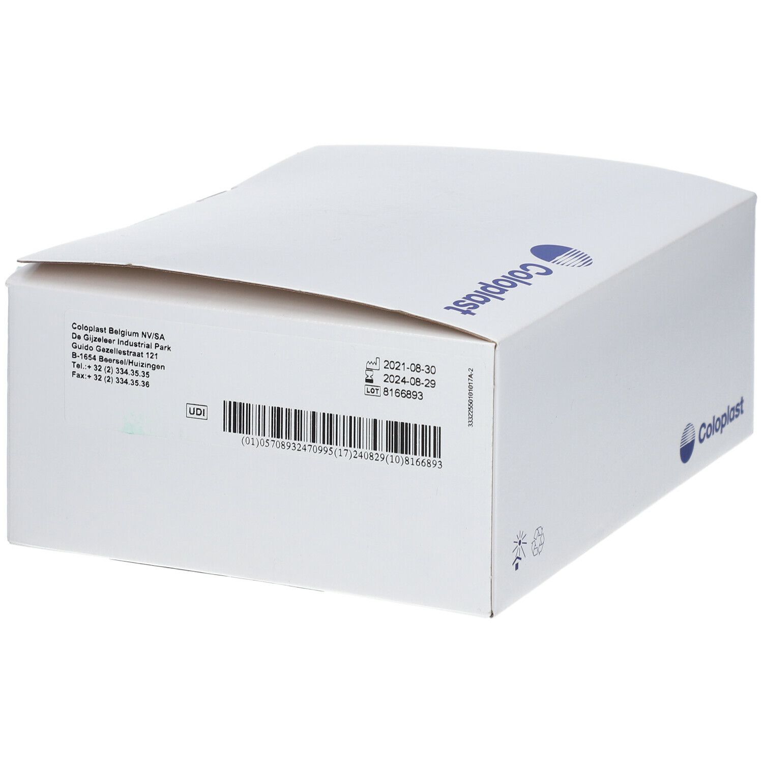 Boîte blanche avec logo Coloplast. Inscriptions avec dates de production et d'expiration.