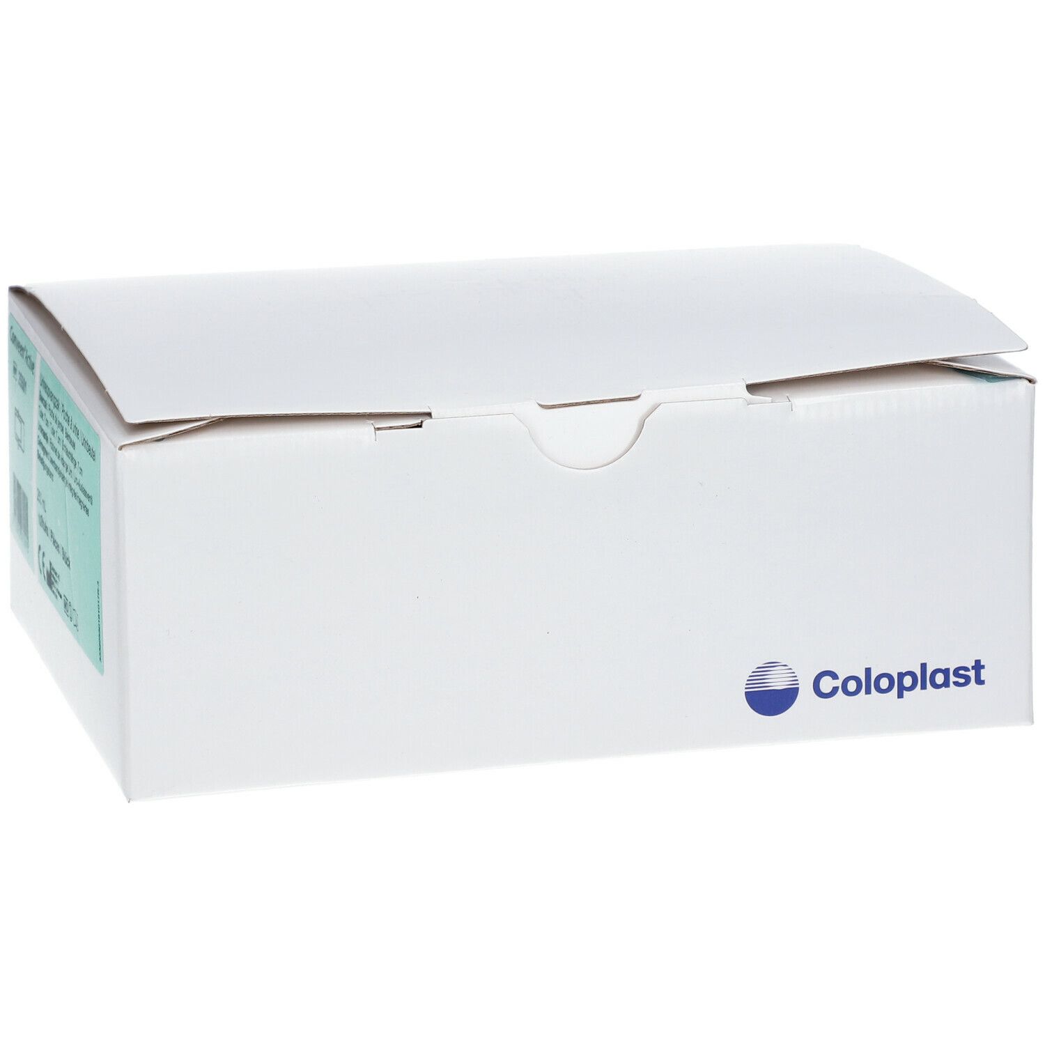 Boîte blanche avec logo Coloplast et informations produit. Détails verts.
