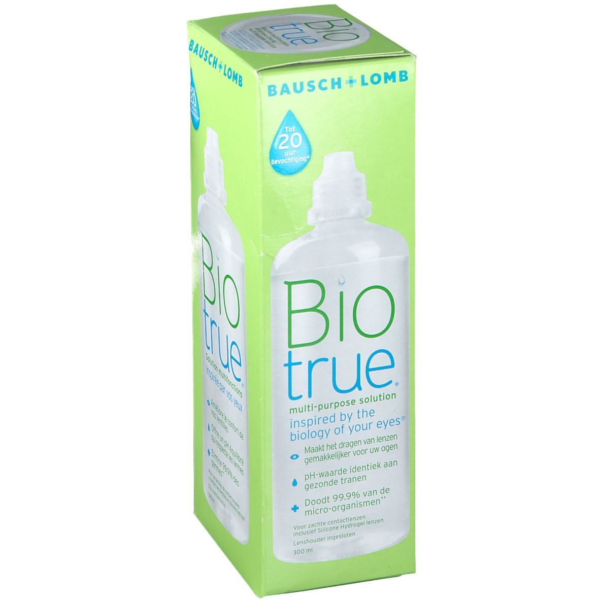 Boîte verte avec flacon Biotrue. Inscriptions: Bausch + Lomb, Biotrue, solution multi-usage. Contient 20 ml.