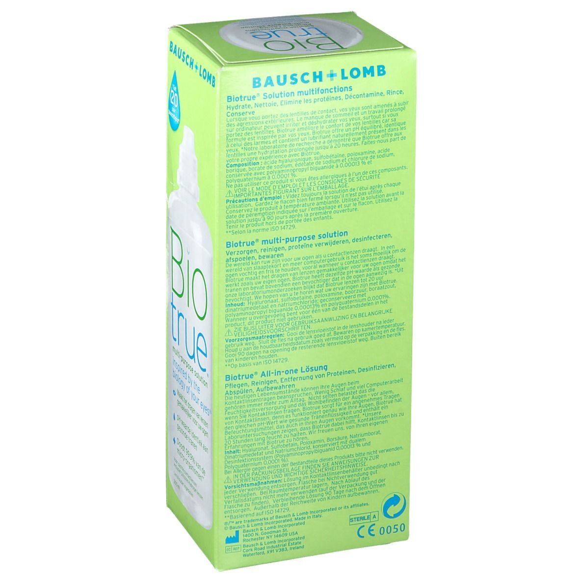 Boîte verte avec texte. Inscriptions: Bausch + Lomb, Biotrue, solution pour lentilles. Contient des informations d'utilisation.