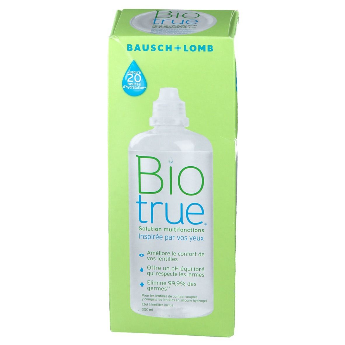 Boîte verte avec flacon Biotrue. Inscriptions: Bausch + Lomb, Biotrue, solution pour lentilles. Contient 20 ml.