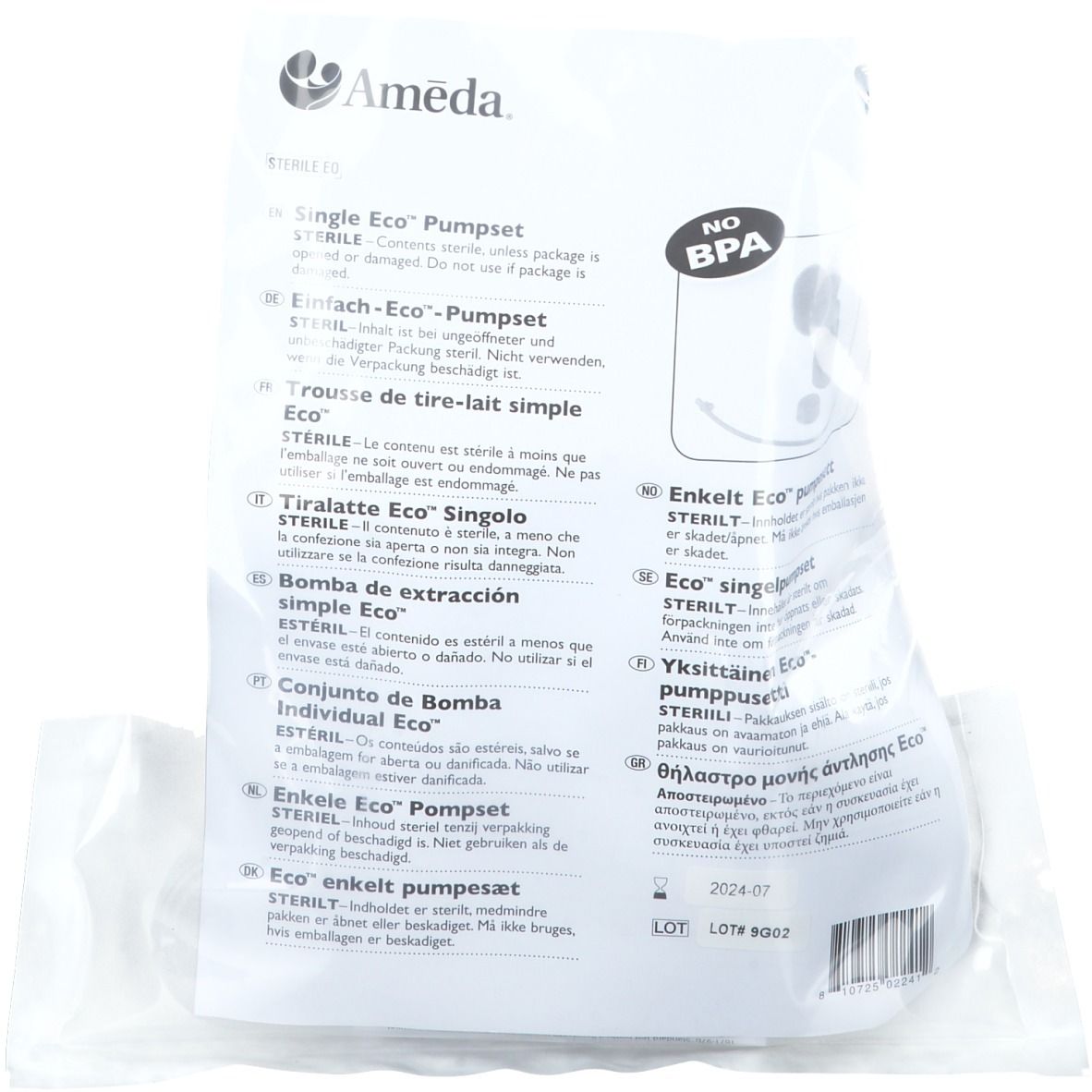 Verpackung mit Produktinformationen. Logo Ameda. Text: "SINGLE Eco Pumpset".