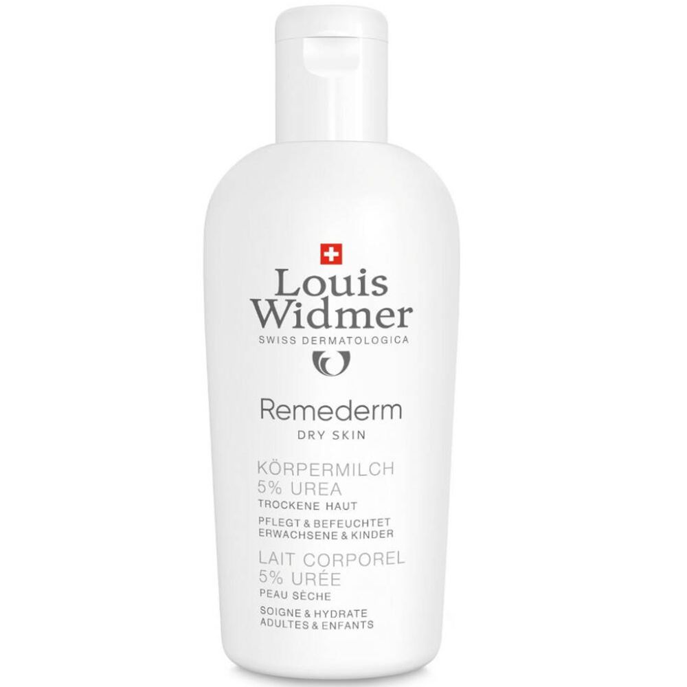 Flacon blanc avec bouchon rabattable. Inscription: Louis Widmer, Remederm, 5% Urée. Croix suisse.