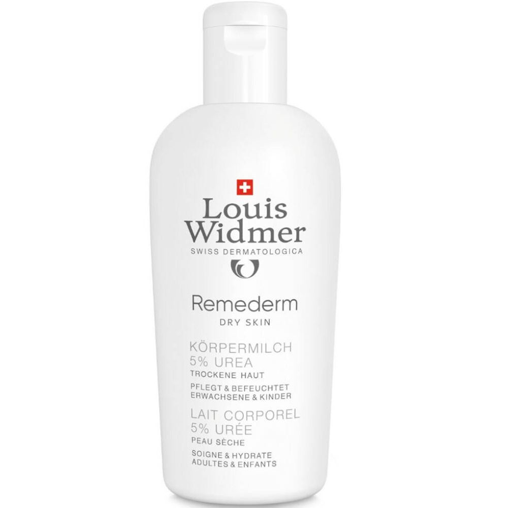 Flacon blanc avec bouchon rabattable. Logo et texte: Louis Widmer, Remederm, 5% Urée, Peau sèche.