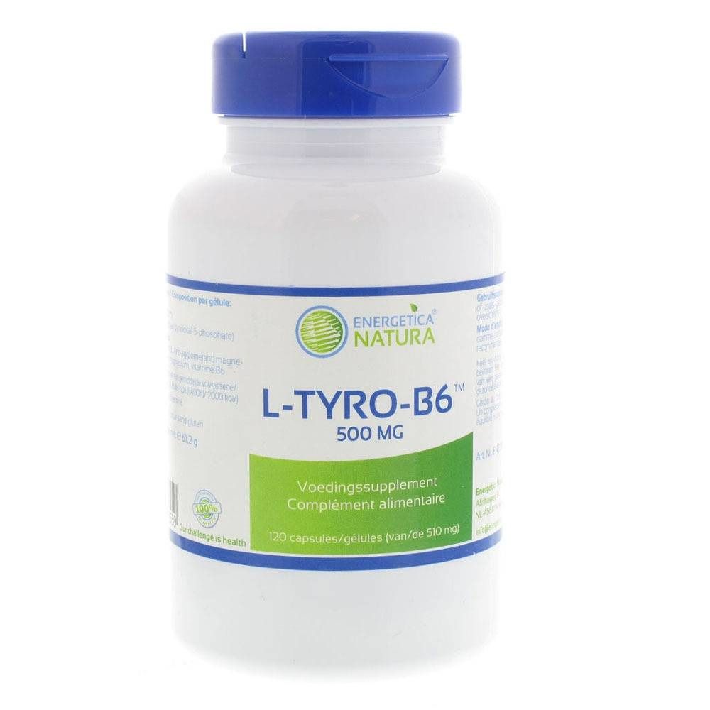 Flacon blanc avec bouchon bleu. Inscription : L-TYRO-B6 500 MG. Étiquette avec texte en néerlandais et français. 120 gélules.