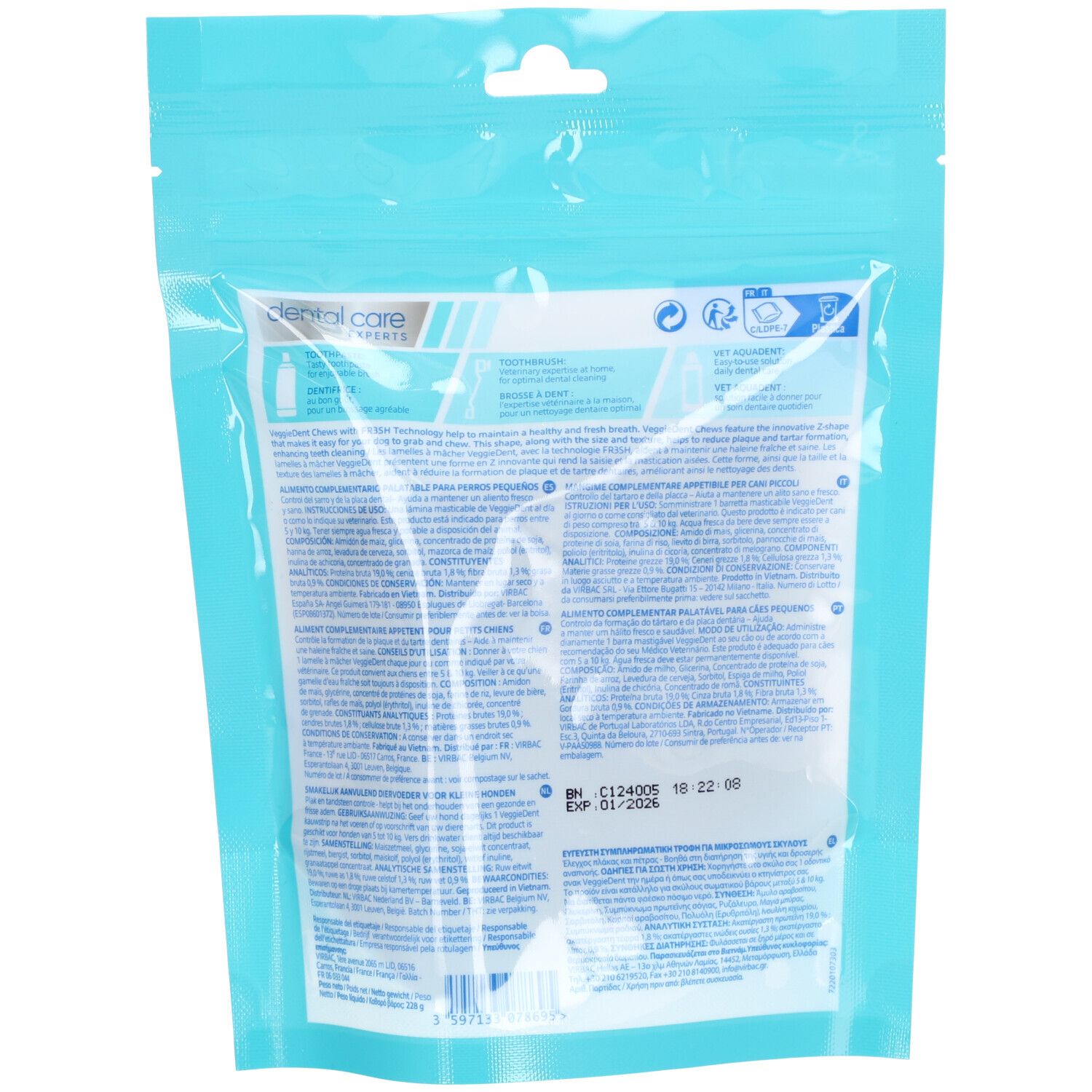 Rückseite der Verpackung mit Text in mehreren Sprachen. Enthält Informationen zum Produkt.