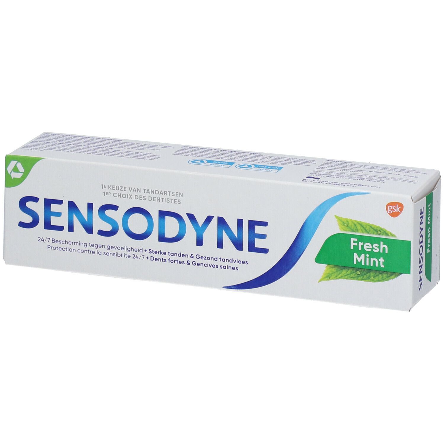 Emballage de dentifrice Sensodyne Fresh Mint. Blanc, logo bleu, accents verts, texte.