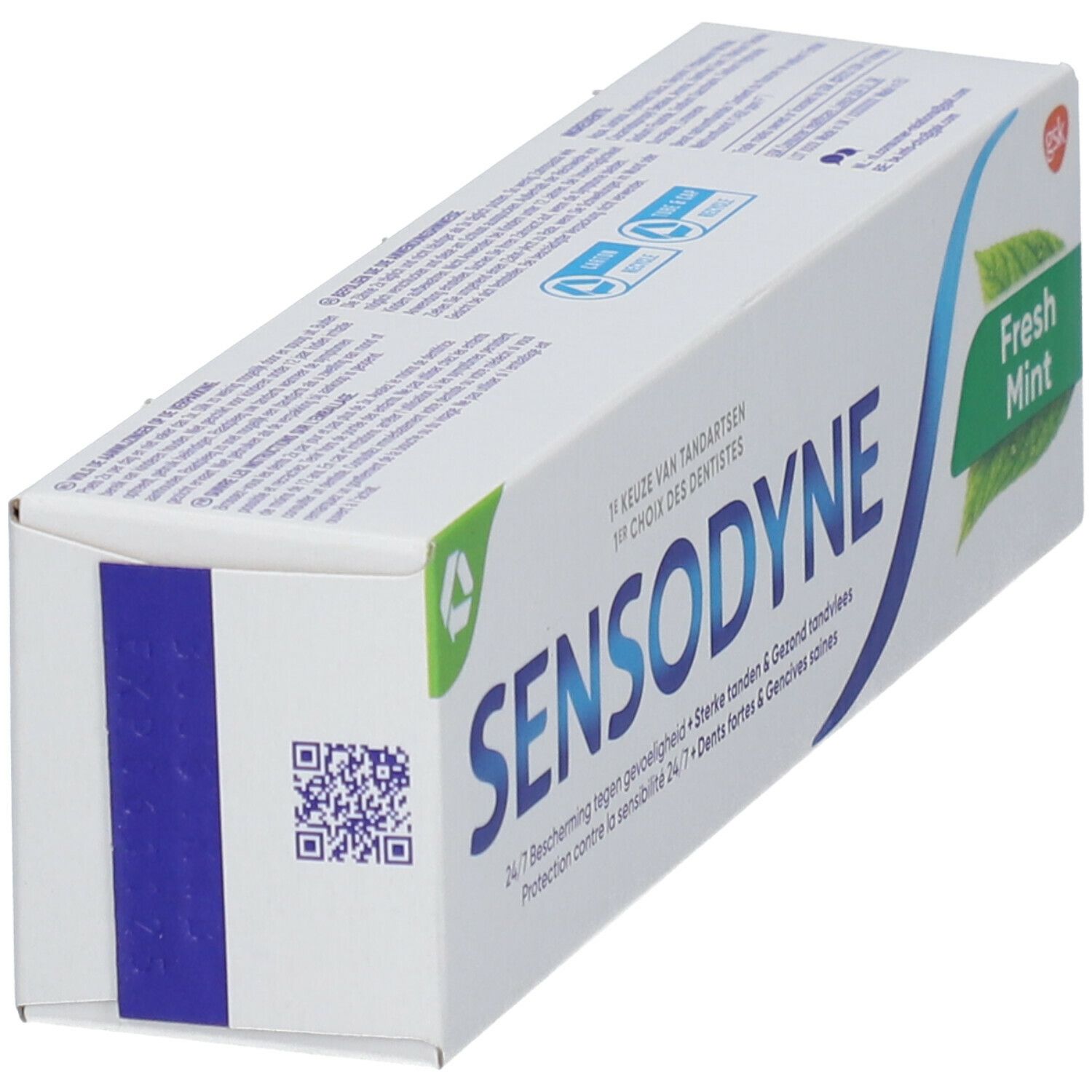 Boîte de dentifrice Sensodyne Fresh Mint. Blanc, logo bleu, accents verts, code QR.