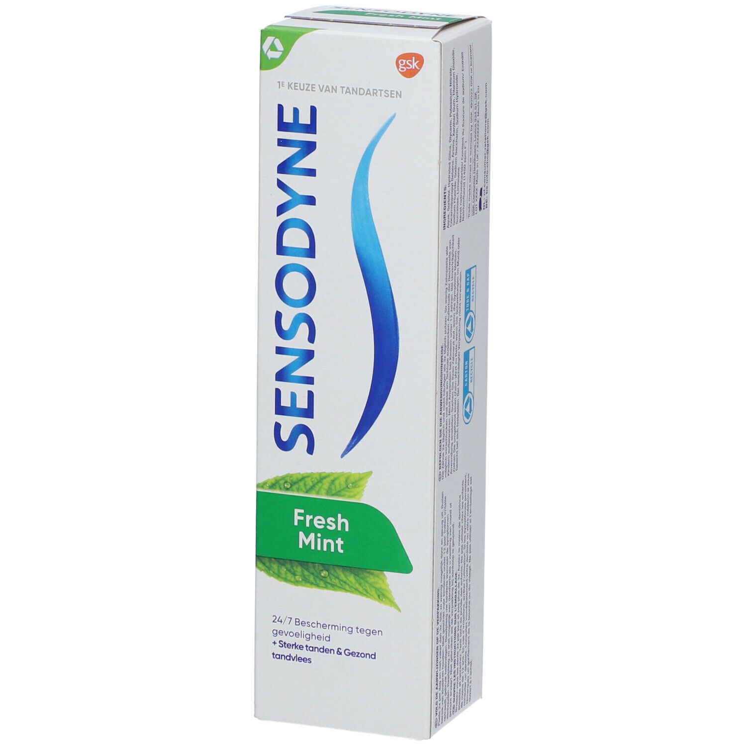 Emballage de dentifrice Sensodyne Fresh Mint. Blanc, logo bleu, accents verts, texte.