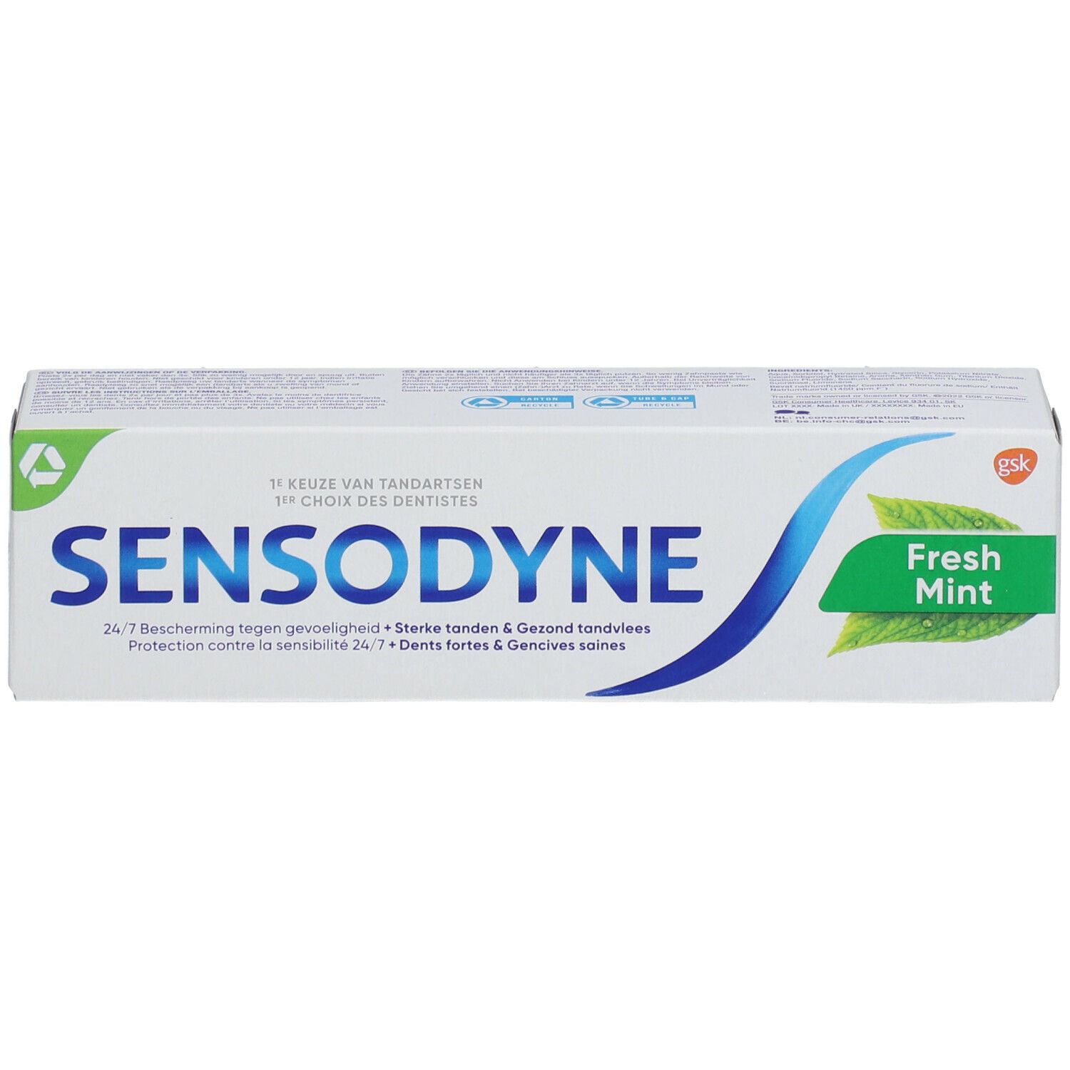 Emballage de dentifrice Sensodyne Fresh Mint. Blanc, logo bleu, accents verts, texte.