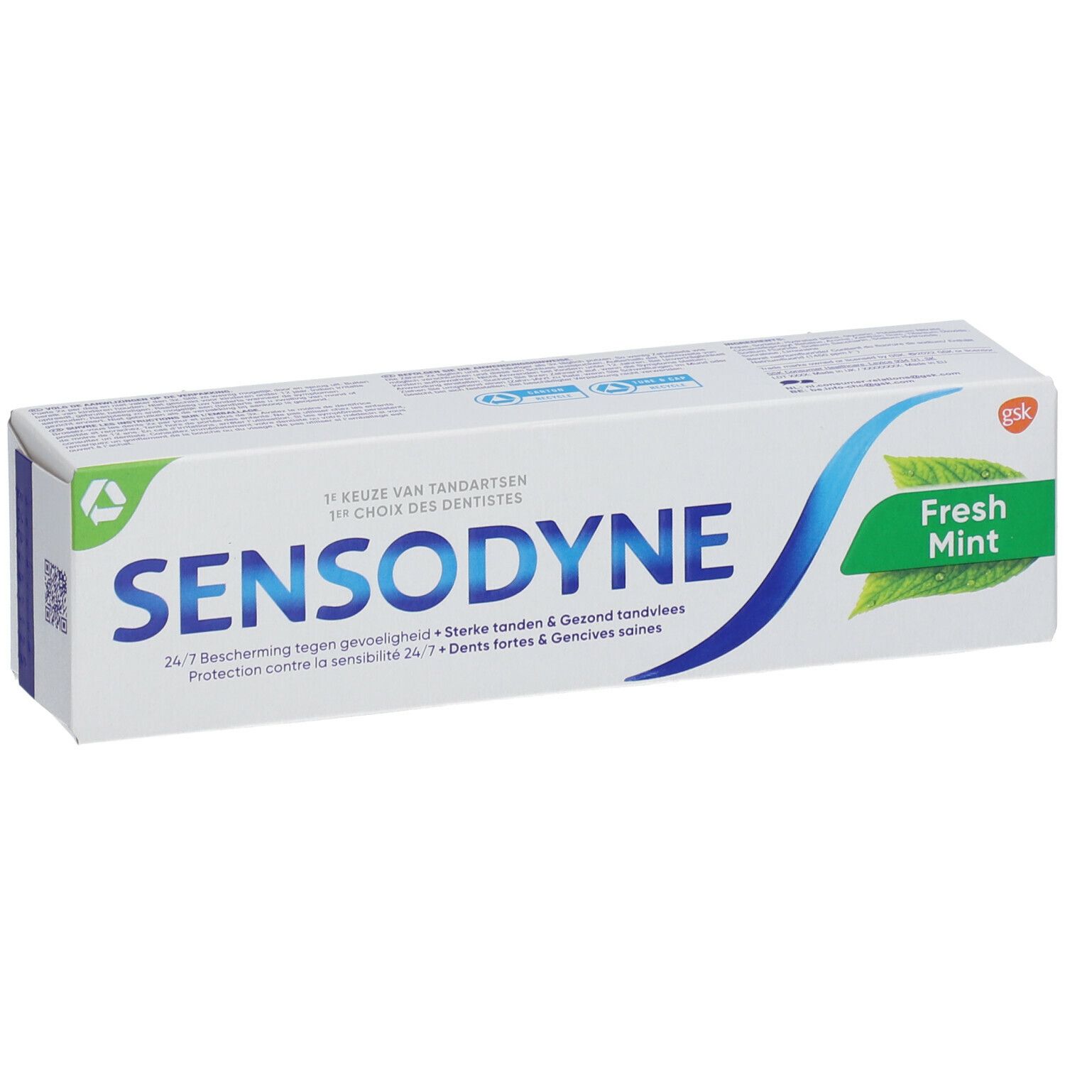 Emballage de dentifrice Sensodyne Fresh Mint. Blanc, logo bleu, accents verts, texte.
