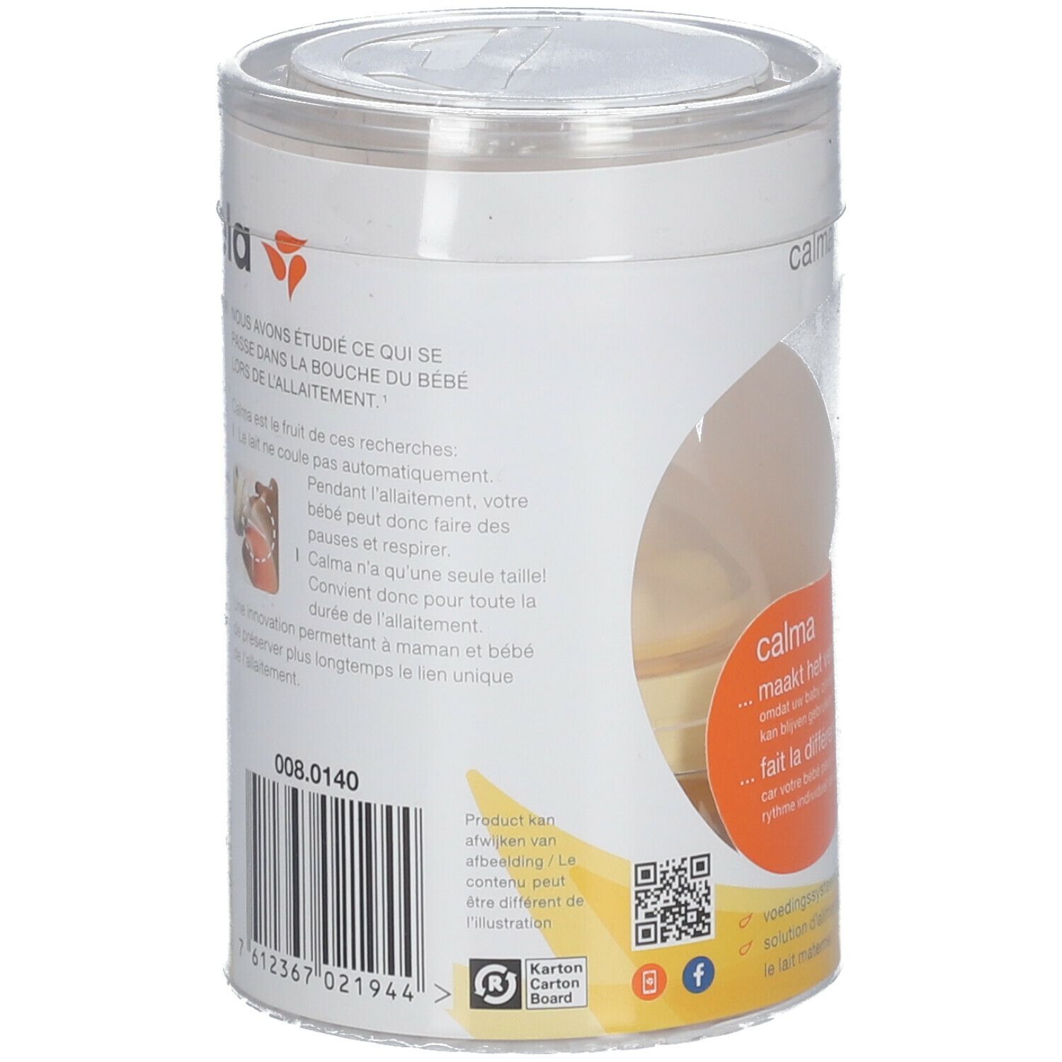 Verpakking Medela Calma Solitaire. Achterkant met tekst en barcode. Transparante doos met gele speen.