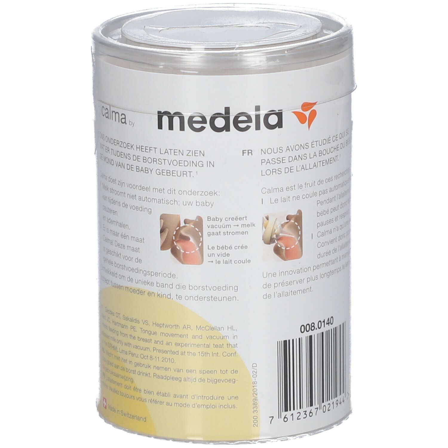 Verpakking Medela Calma Solitaire. Achterkant met tekst, illustraties en barcode. Transparante doos.