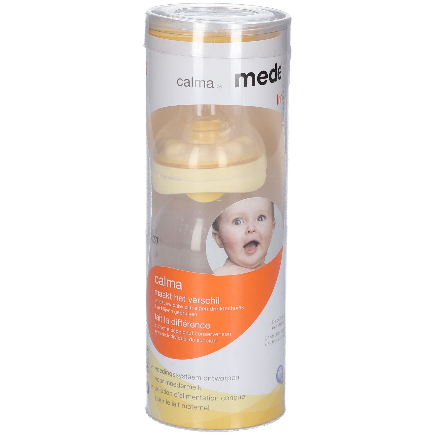 Biberon Medela Calma dans un emballage cylindrique. Tétine jaune et corps de biberon. Inscriptions : "calma", "medela", bébé.