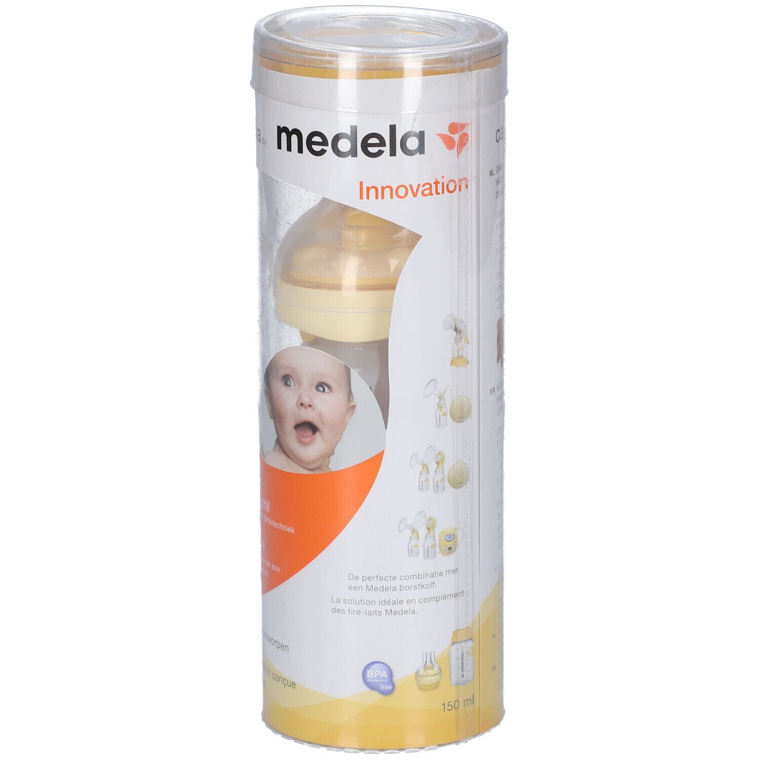 Biberon dans un emballage cylindrique. Tétine jaune et corps de biberon. Inscriptions : "medela", "Innovation", "150 ml".