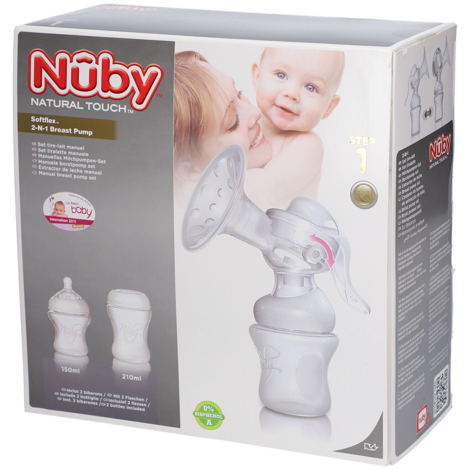 Emballage avec tire-lait et biberons. Marque Nûby, Natural Touch. Contient 2 biberons, 150ml et 210ml. Image d'une mère et d'un enfant.
