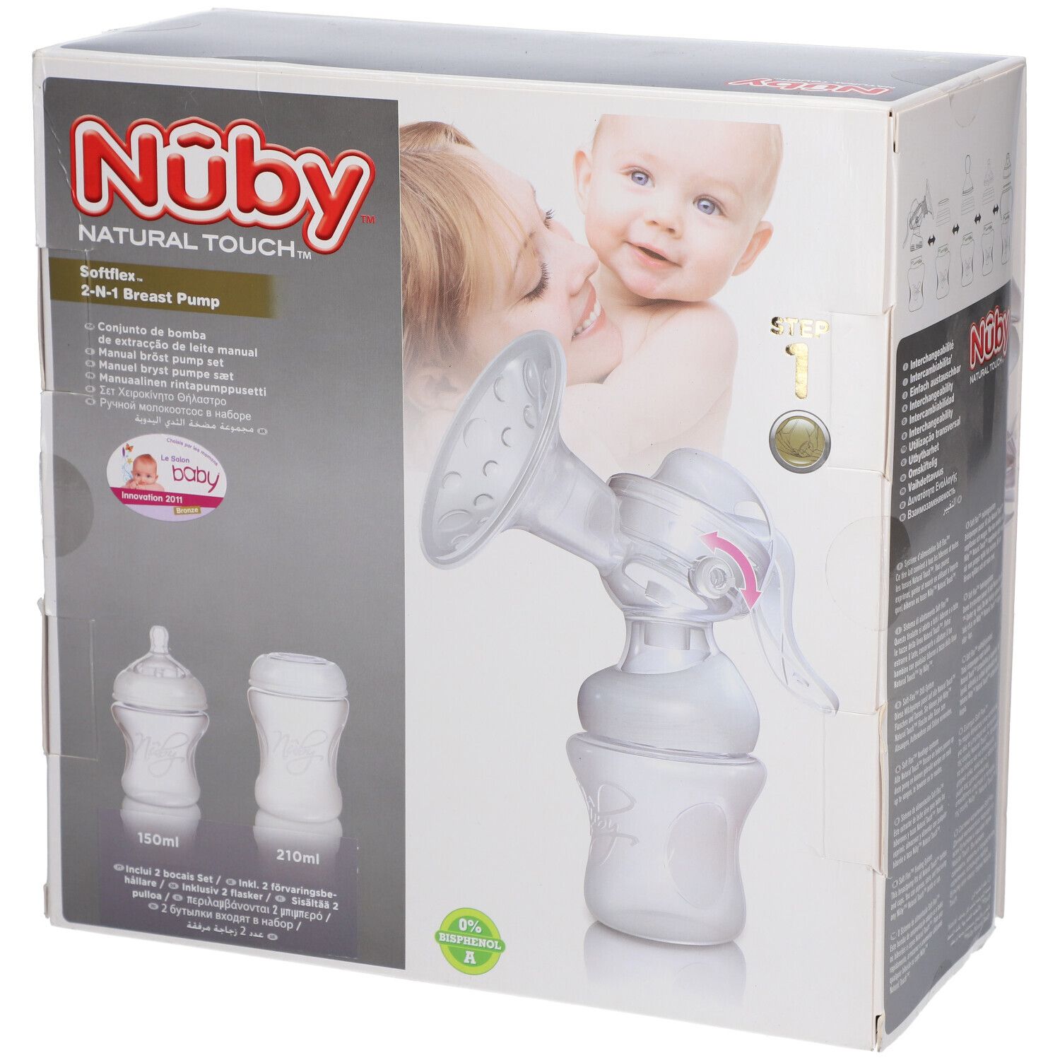 Emballage avec tire-lait et biberons. Marque Nûby, Natural Touch. Contient 2 biberons, 150ml et 210ml. Image d'une mère et d'un enfant.