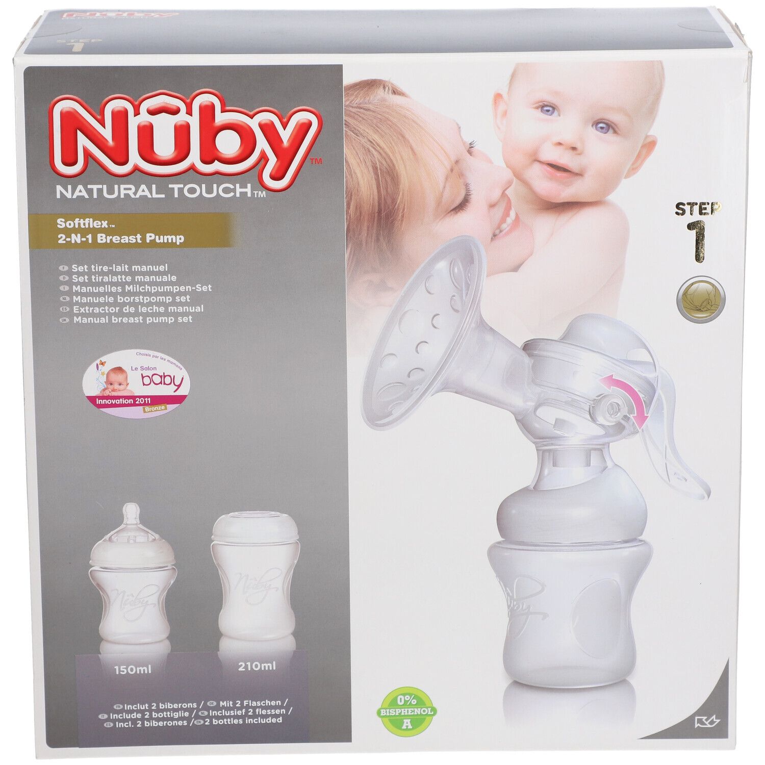 Emballage avec tire-lait et biberons. Marque Nûby, Natural Touch. Contient 2 biberons, 150ml et 210ml. Image d'une mère et d'un enfant.