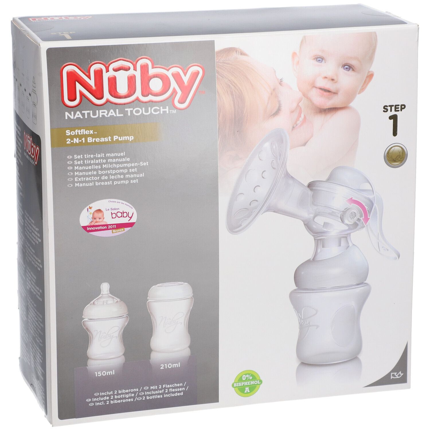 Emballage avec tire-lait et biberons. Marque Nûby, Natural Touch. Contient 2 biberons, 150ml et 210ml. Image d'une mère et d'un enfant.