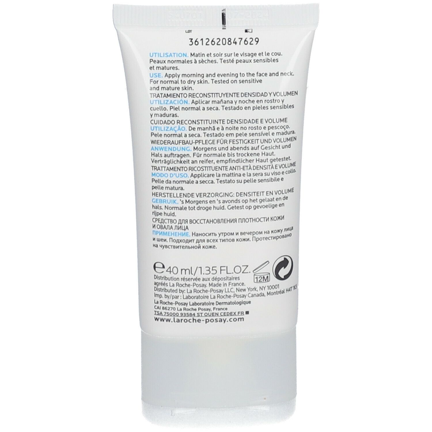 Achterkant tube. Meertalige tekst. 40 ml/1.35 fl.oz. Fabrikantinformatie. www.laroche-posay.com.