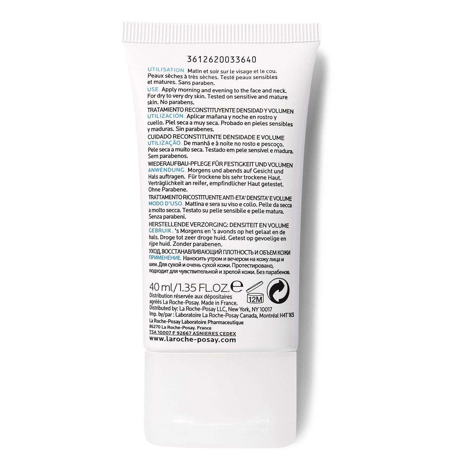 Achterkant tube. Meertalige tekst. 40 ml/1.35 fl.oz. Fabrikantinformatie. www.laroche-posay.com.